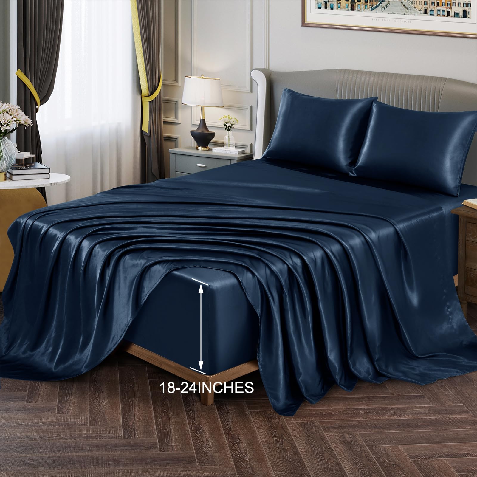 Vonty Extra Deep Pocket Full Sheet Sets - Cooling & Silky Satin Full Size Sheets with 18-24 Inch Deep Pocket, Black Satin Bed Sheets Fit Up to 24" Deep Mattress - 4 Piece Set