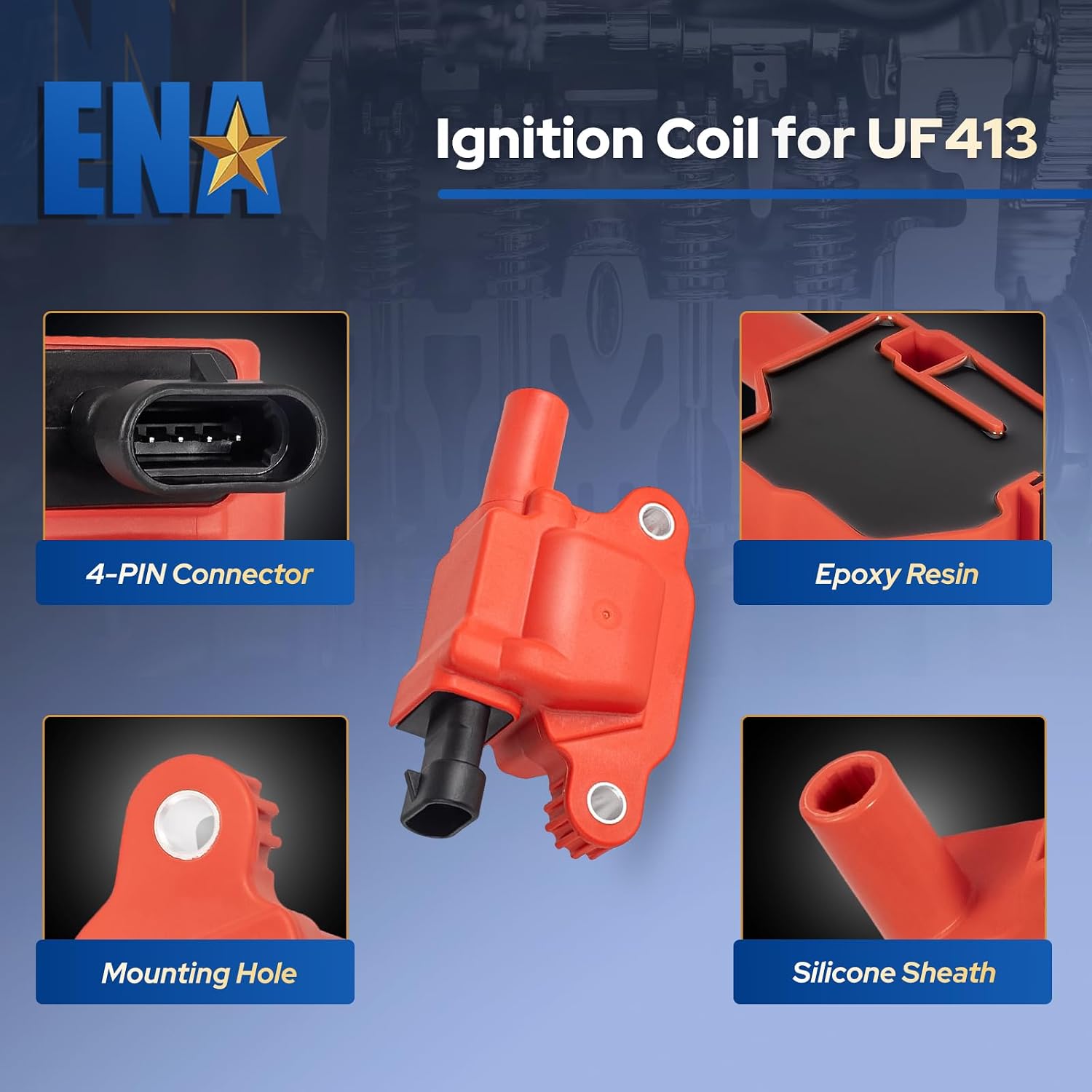 ENA Set of 8 Red Square Ignition Coil Pack and 7mm Red Wires Set with Platinum Spark Plug Compatible with Chevy GMC Avalanche Impala Silverado Express Sierra 1500 Yukon 4.8L 5.3 Replacement for UF413