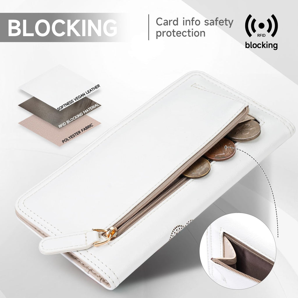 KITEVIUN RFID Wallet Women Ultra Slim Thin Womens Wallet Compact Clutch Long Ladies Wallet for Women WHITE