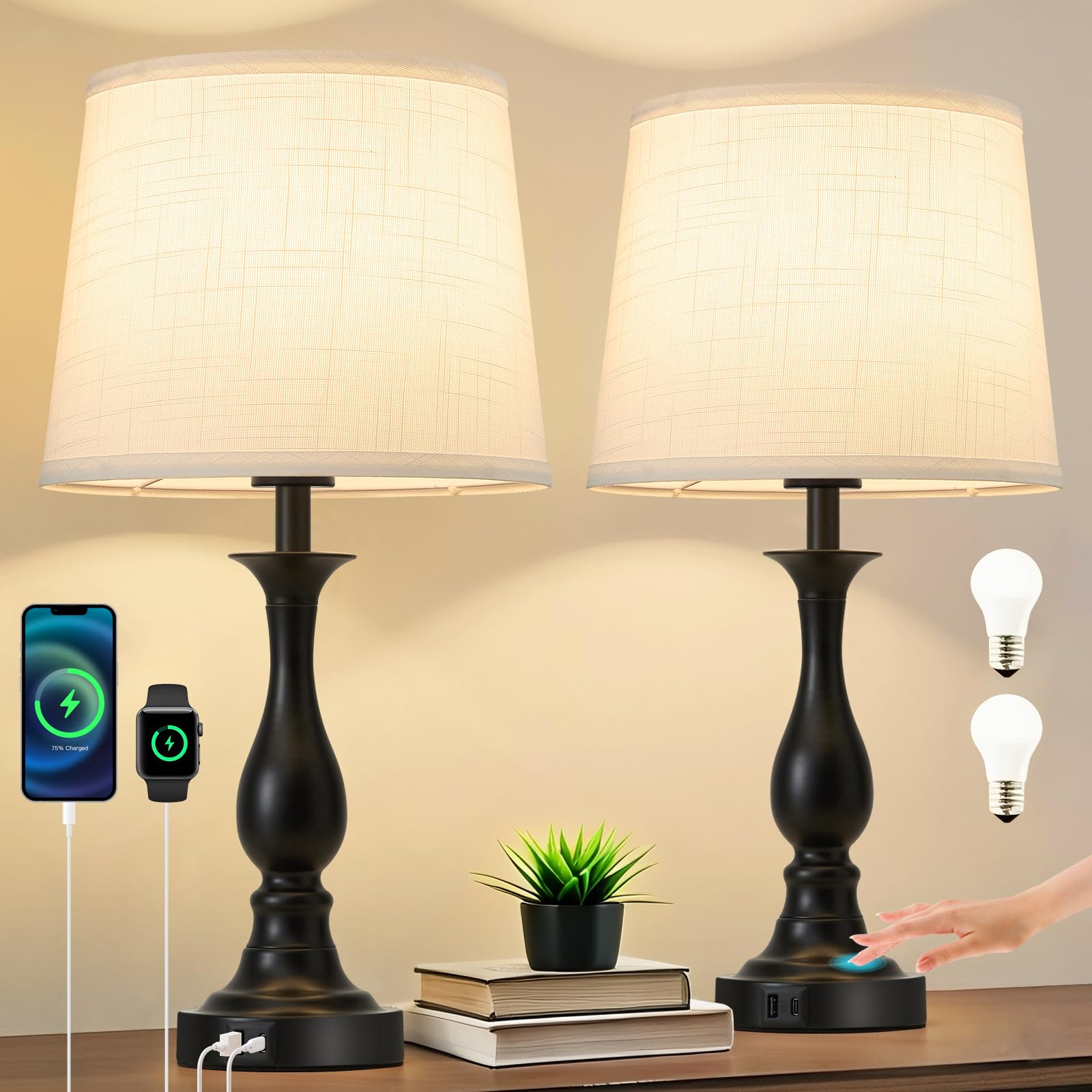 Bedside Table Lamp Touch Control Bedroom Lamps with USB A and C Charging Port 3 Way Dimmable Touch Lamps for Nightstand Living Room Bedroom Dorm Home Office Reading, Set of 2