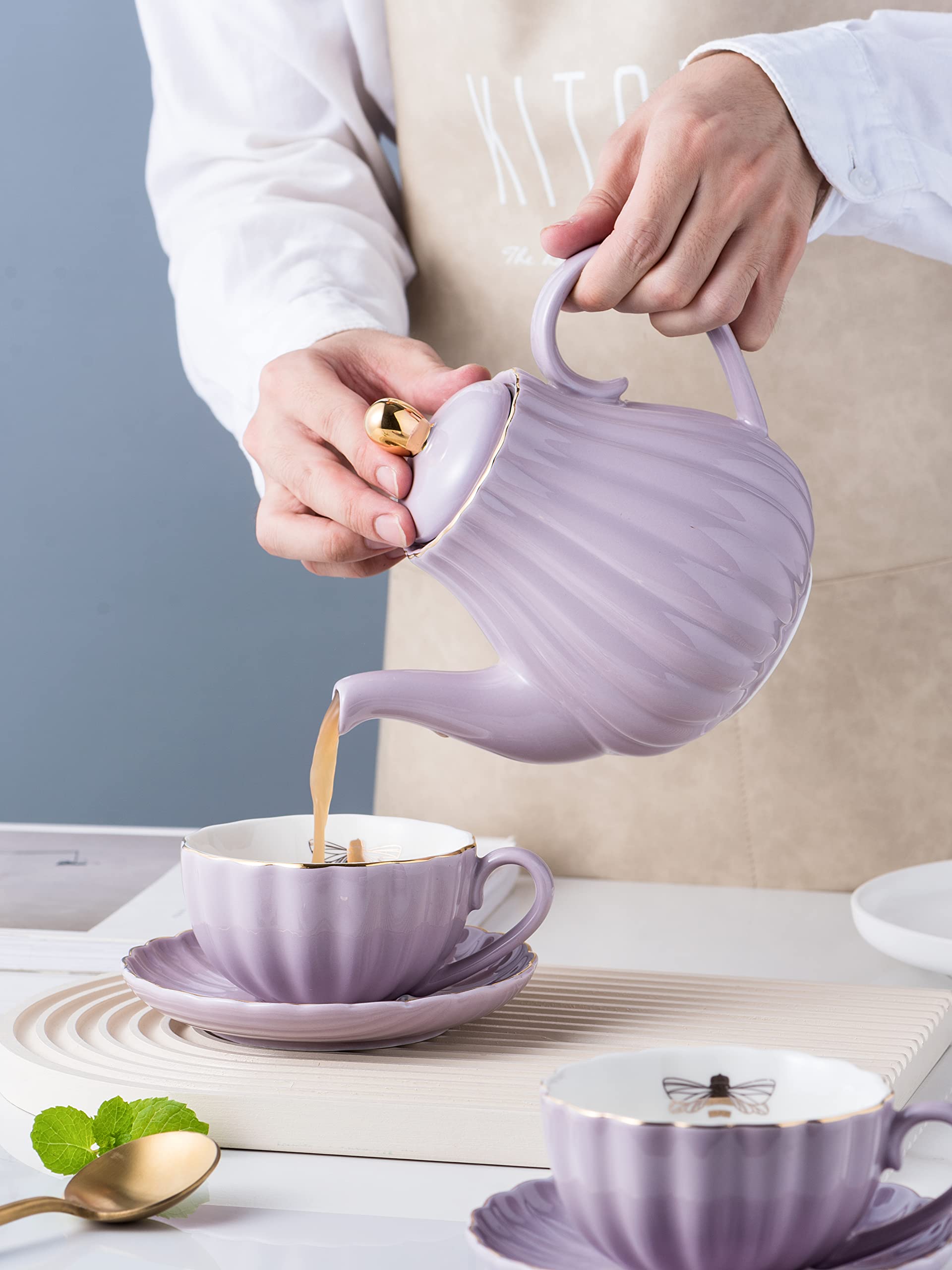 Jusalpha Serve for 6- Fine China Pink Coffee Cup/Teacup Set, 8 OZ Cups& Saucer, with Teapot-Sugar Bowl-Cream Pitcher Teaspoons and tea strainer for Tea/Coffee (Lavender, Serve of 6)