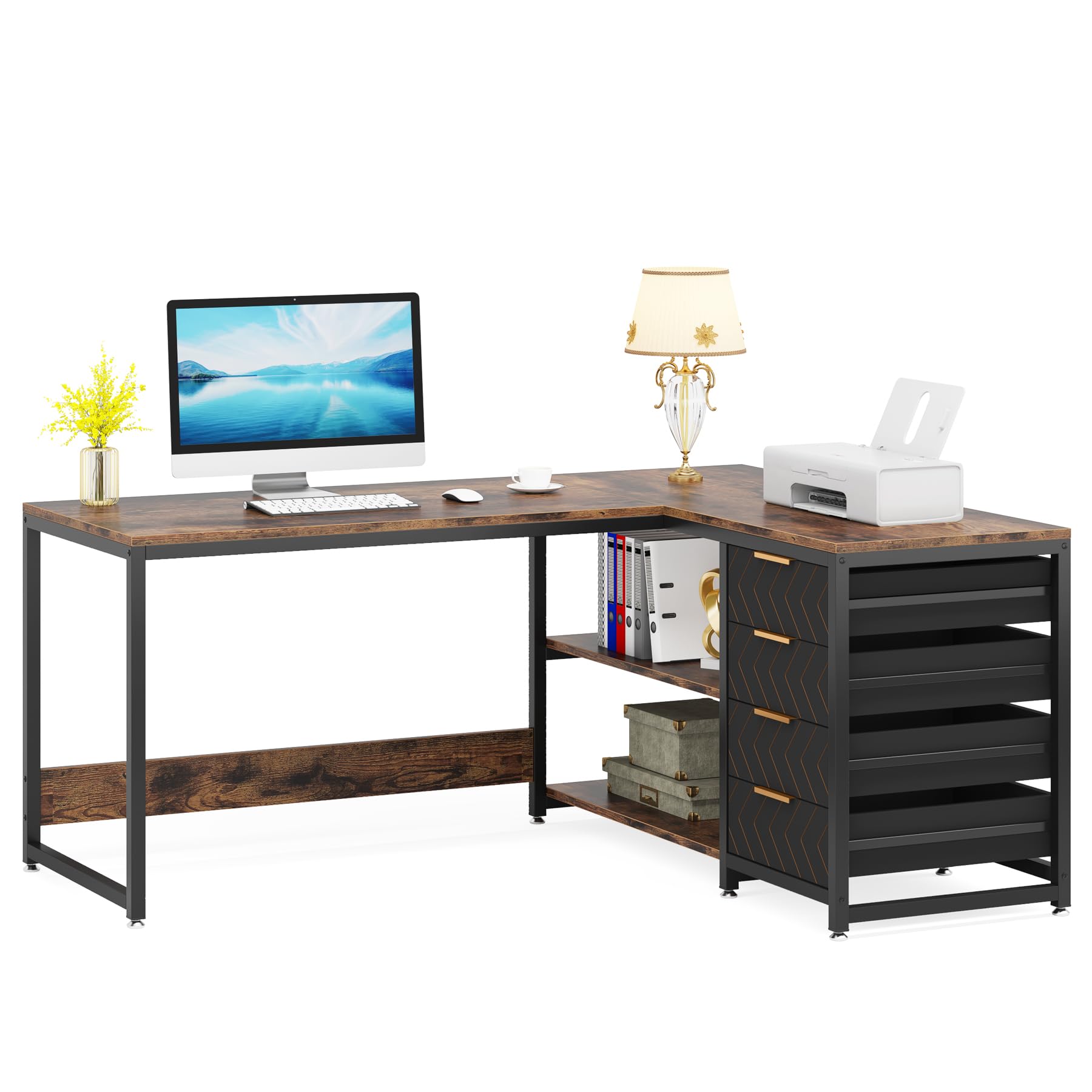 LITTLE TREE 59-Inch L Shaped Desk with Drawers, Large Computer Desk with Storage Shelves, Reversible L-Shaped Corner Desk Workstation for Home Office