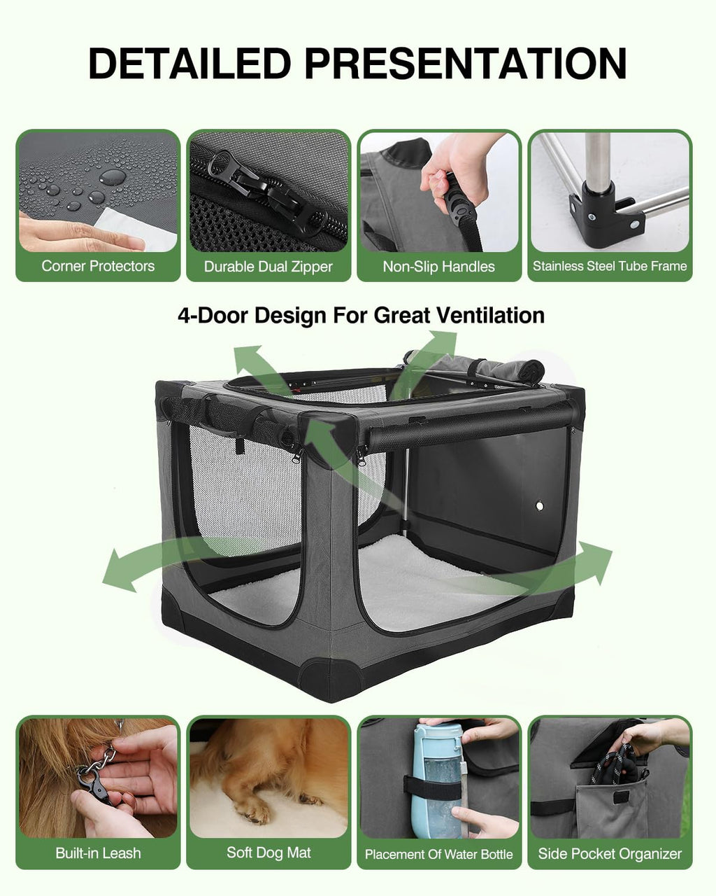 Veraste 24" L x 17" W x 17" H Collapsible Travel Dog Crate, Portable Soft Dog Kennel for Small Medium Pets up to 30 lbs, 4-Door Foldable Travel Crate with Durable Mesh & Storage Bag, Black