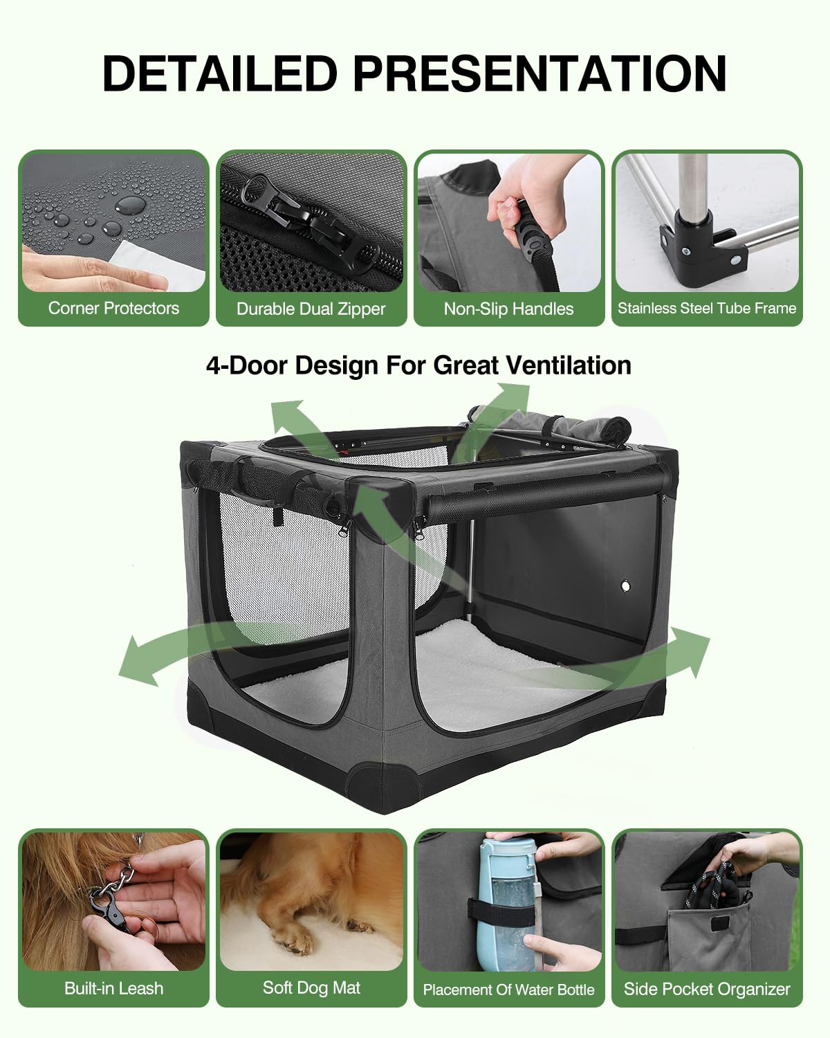 Veraste 24" L x 17" W x 17" H Collapsible Travel Dog Crate, Portable Soft Dog Kennel for Small Medium Pets up to 30 lbs, 4-Door Foldable Travel Crate with Durable Mesh & Storage Bag, Black