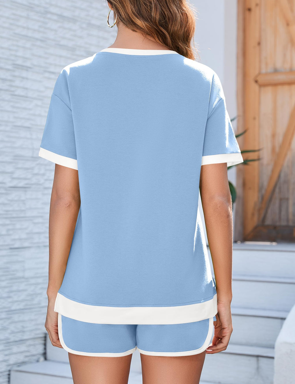 AKEWEI Shorts Sets Women 2 Piece Outfits Casual Short Sleeve Crewneck Tops and Drawstring Shorts Color Block Sets