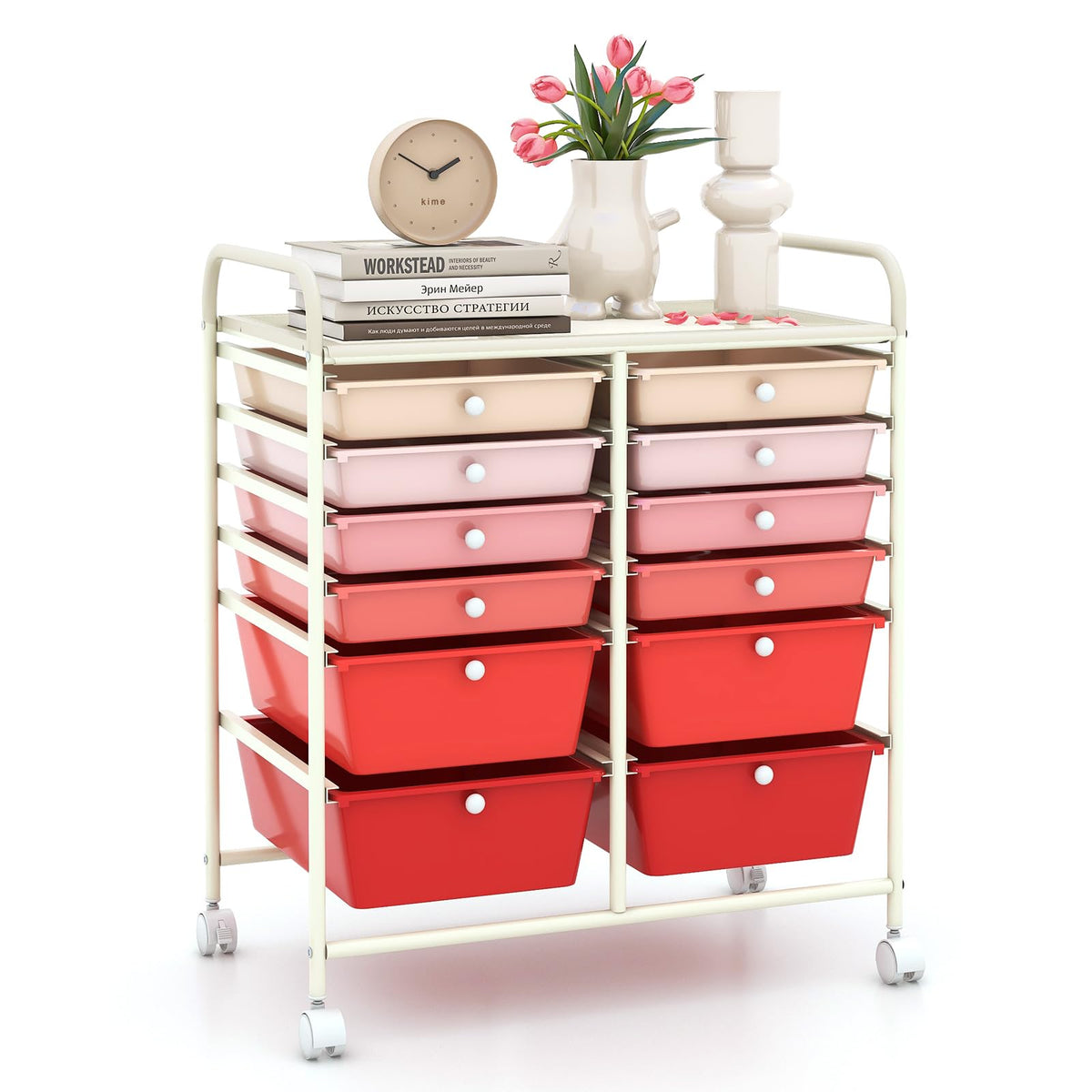 LDAILY 9 Drawer Rolling Storage Cart, Rolling Cart with Drawers for Classroom, Art Supply Craft Organizer on Wheel with Metal Frame & Handles for Home Office School