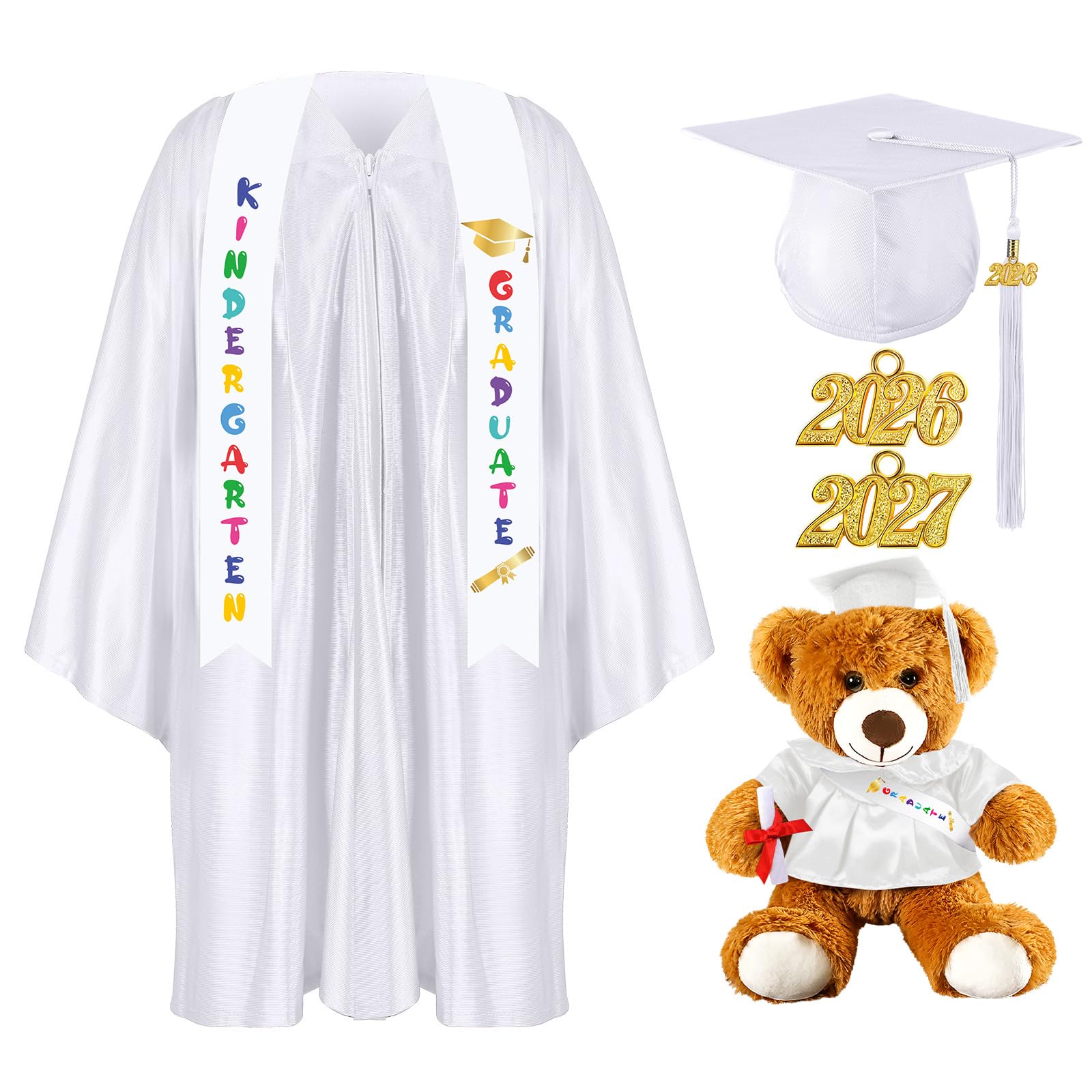 Sintuff 7 Pcs Kindergarten Preschool Graduation Cap and Gown with Bear Gifts 2026 Grad Stole Tassel Sash for Toddler Kids