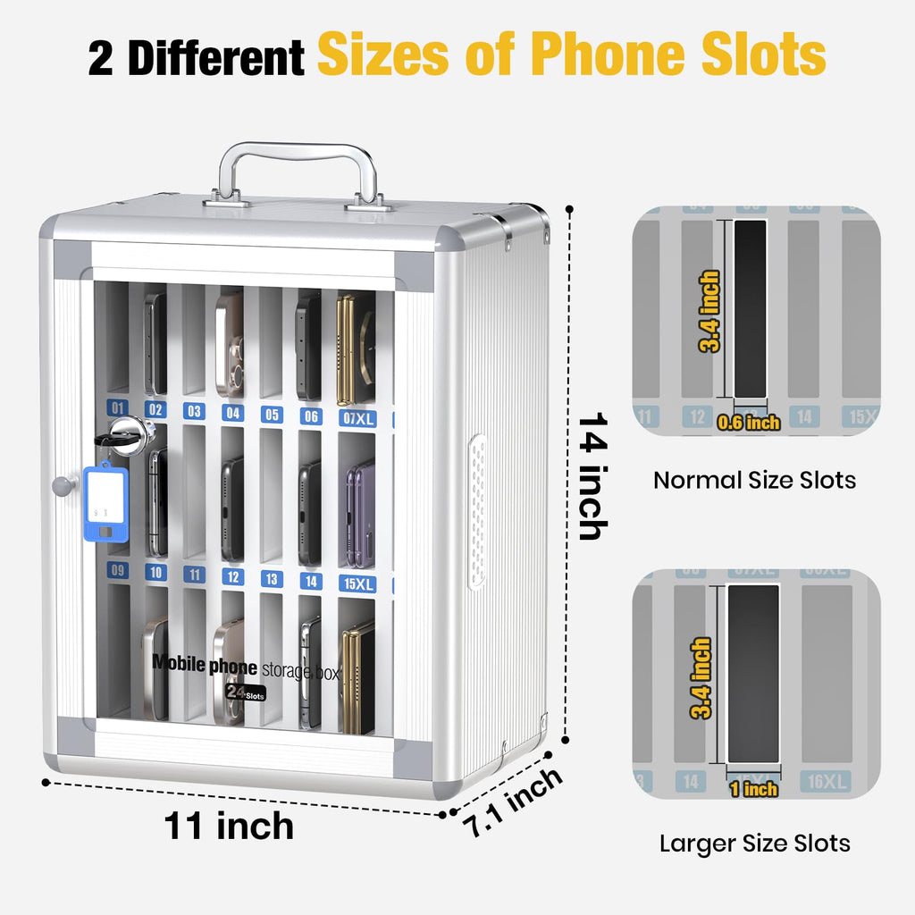 Glosen Cell Phone Locker 24 Slots, Portable Phone Storage Cabinet [Wall Mounted] [Silver 24 Slots-Universal Key ] Aluminum Alloy Cellphone Lock Box with Key & Handle for School Classroom Office Exam
