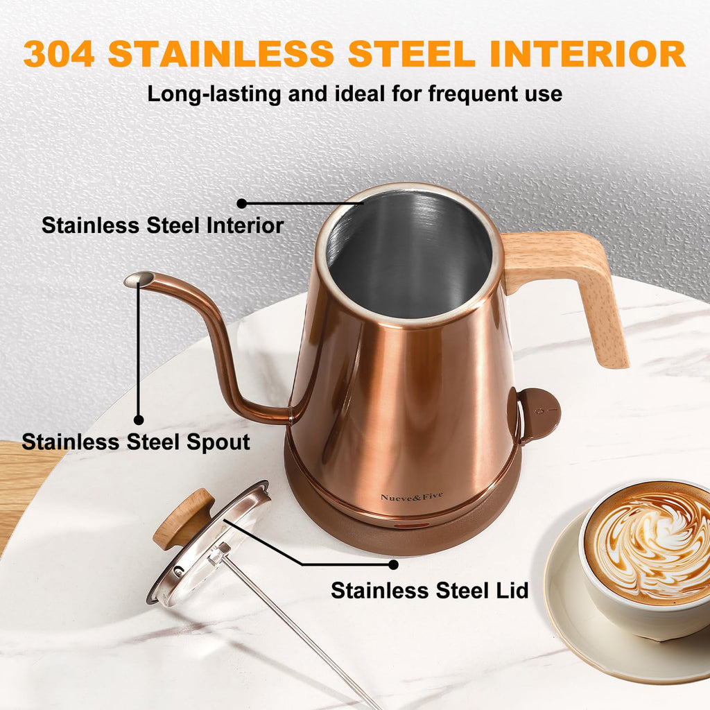 Nueve&Five Gooseneck Electric Kettle with Thermometer， Black Electric Kettle 1L with Auto Shut-Off，1000W Hot Water Kettle of Stainless Steel， Pour Over Kettle for Coffee & Tea