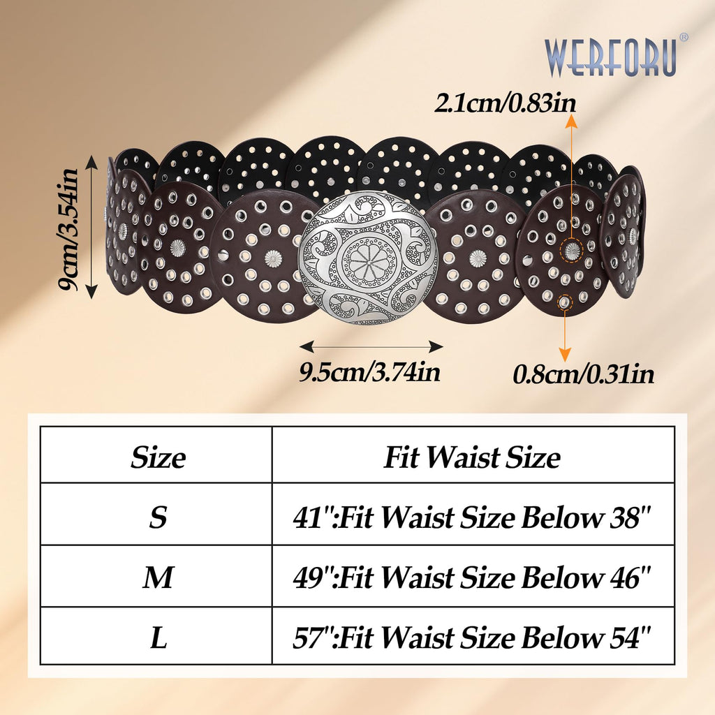 WERFORU Women Vintage Leather Belt Western Disc Waist Belts Ladies Western Belt Boho Belt for Dress Jean-