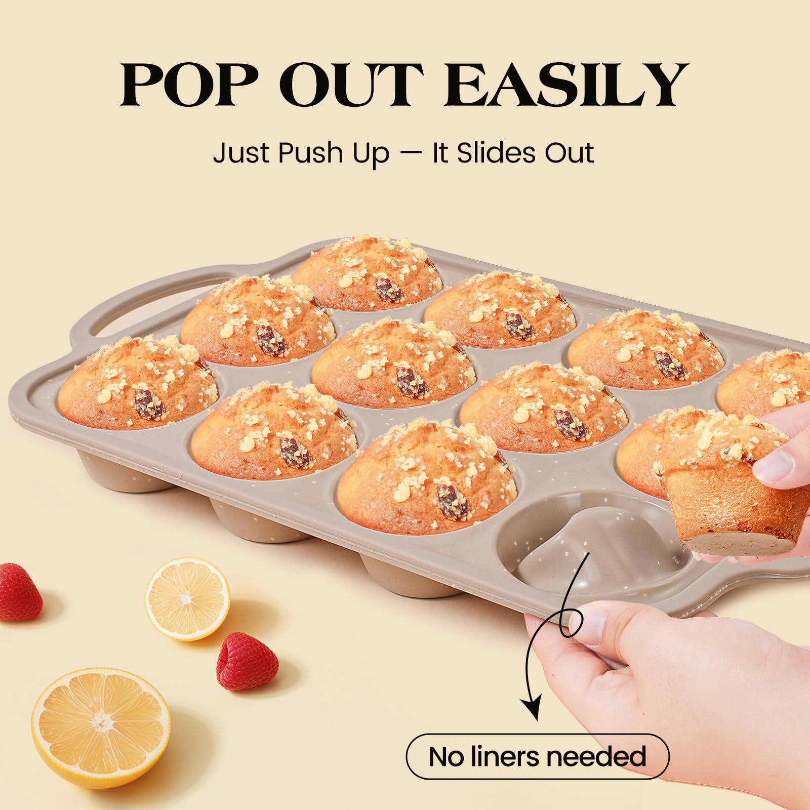 Vinino Silicone Muffin Pans for Baking with Metal Reinforced Frame, 12 Cups Regular Size Nonstick Brown Silicone Cupcake Pan, BPA Free Oven Dishwasher Safe Baking Mold for Muffins Cupcakes