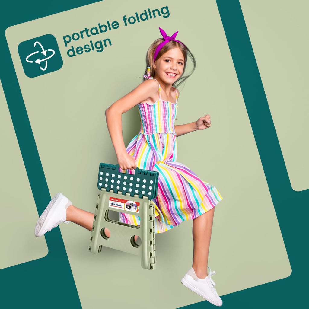 ACSTEP 9 Inch Folding Step Stool 300 LB Capacity Plastic Foldable Step Stools for Kids and Adults, Folding Stool Suitable for Kitchen, Stepping Stool with Handle Bicolor Green Small Step Stool 1PC