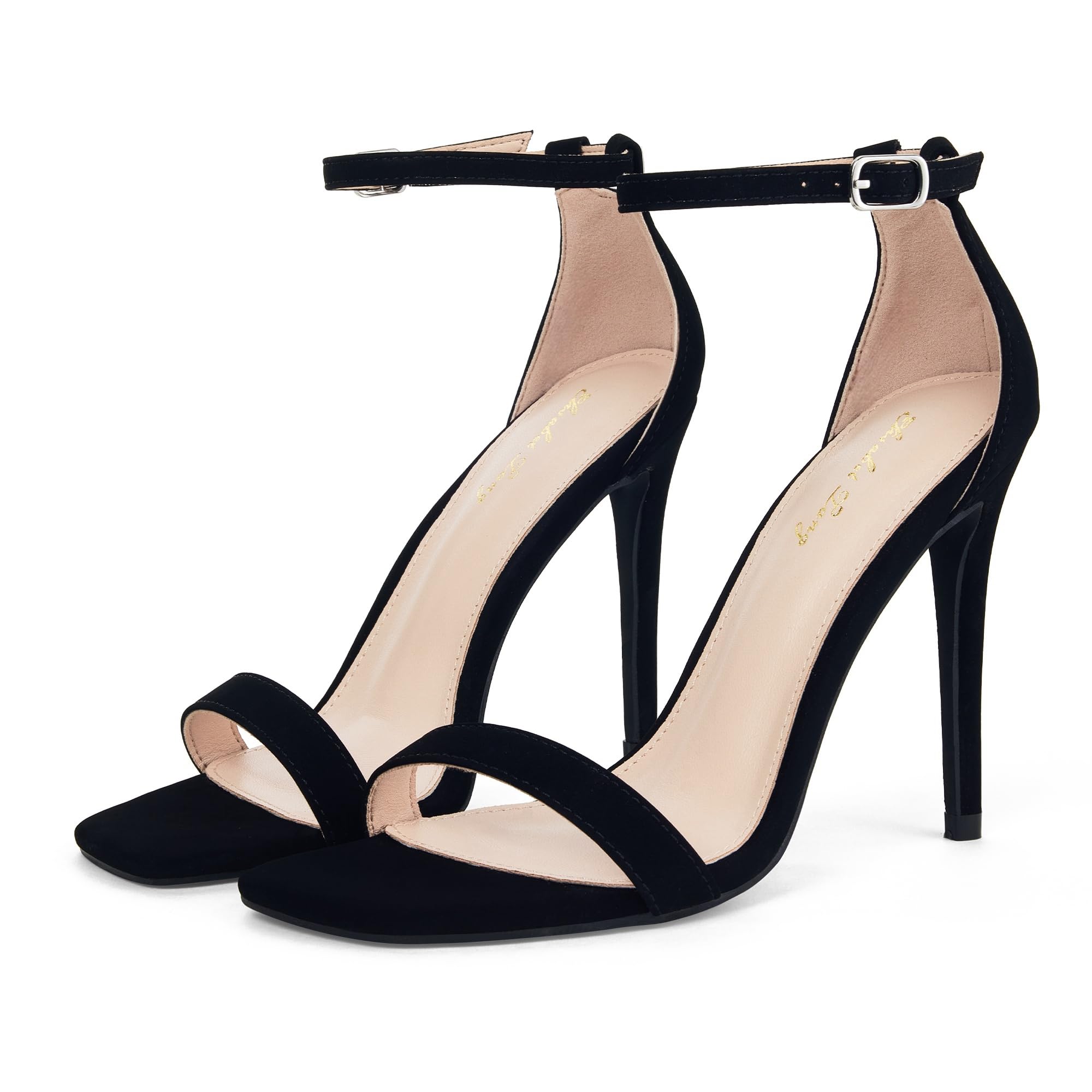 Elisabet Tang Women's Stiletto Heels Square Open Toe Ankle Strap High Heeled Sandals 4 Inch Comfort Sexy Dressy Shoes