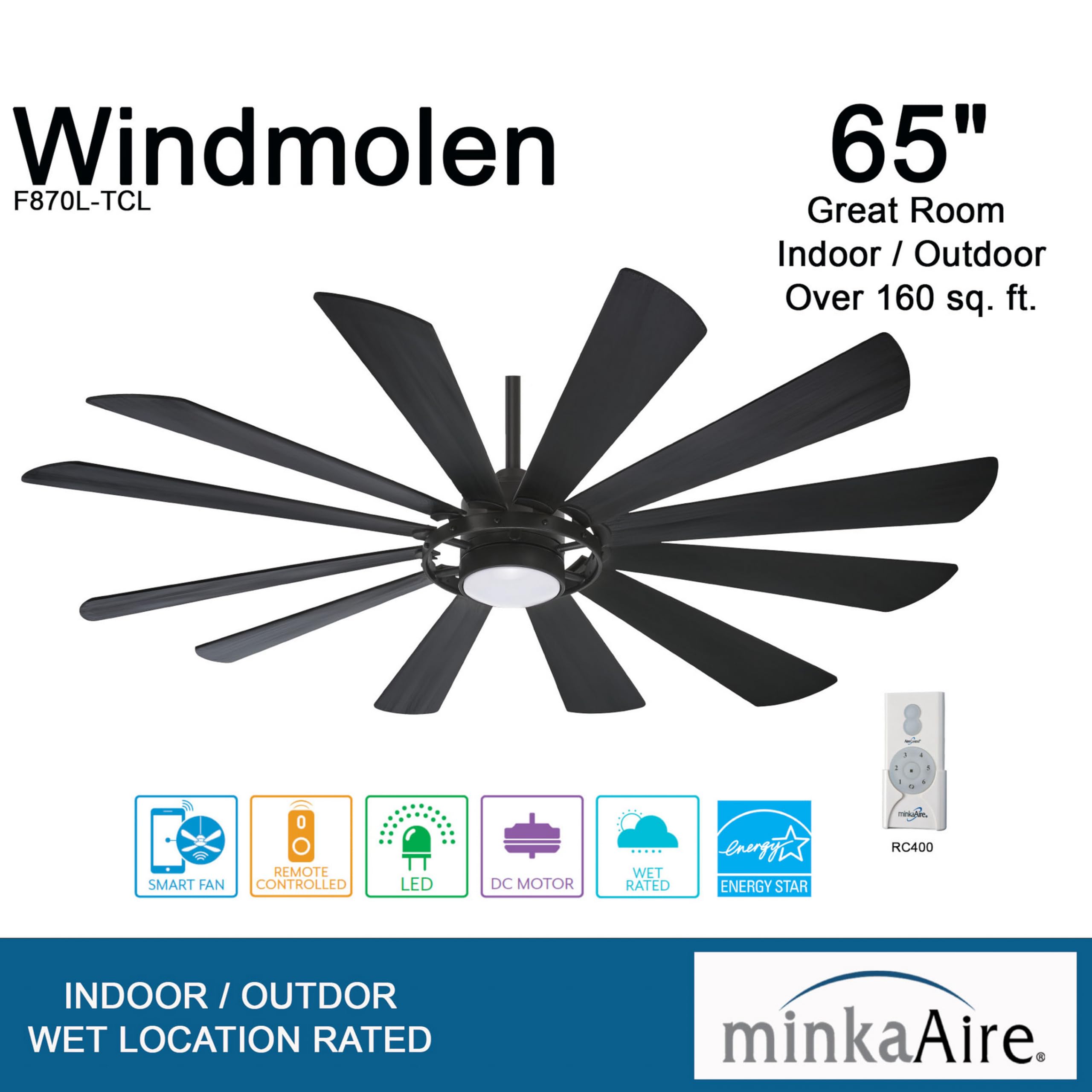 Minka-Aire F870L-ORB 65" Windmolen Outdoor Smart Ceiling Fan with LED Light and Remote Control, Oil Rubbed Bronze