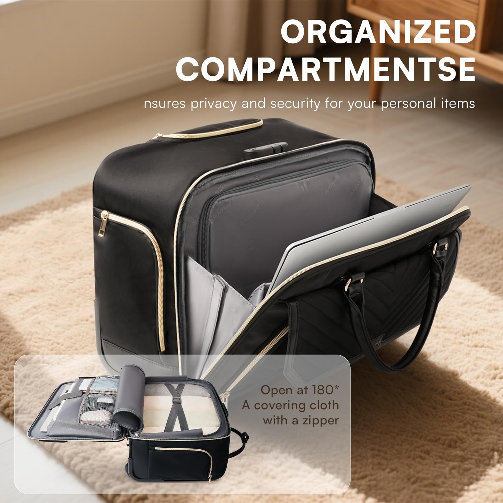 Rolling Laptop Bag for Women with 4 Spinner Wheels, 17 Inch Rolling Briefcase for Women with Lock, Waterproof Rolling Computer Bag with 11 Pockets & Padded Laptop Sleeve for Work Travel, Black