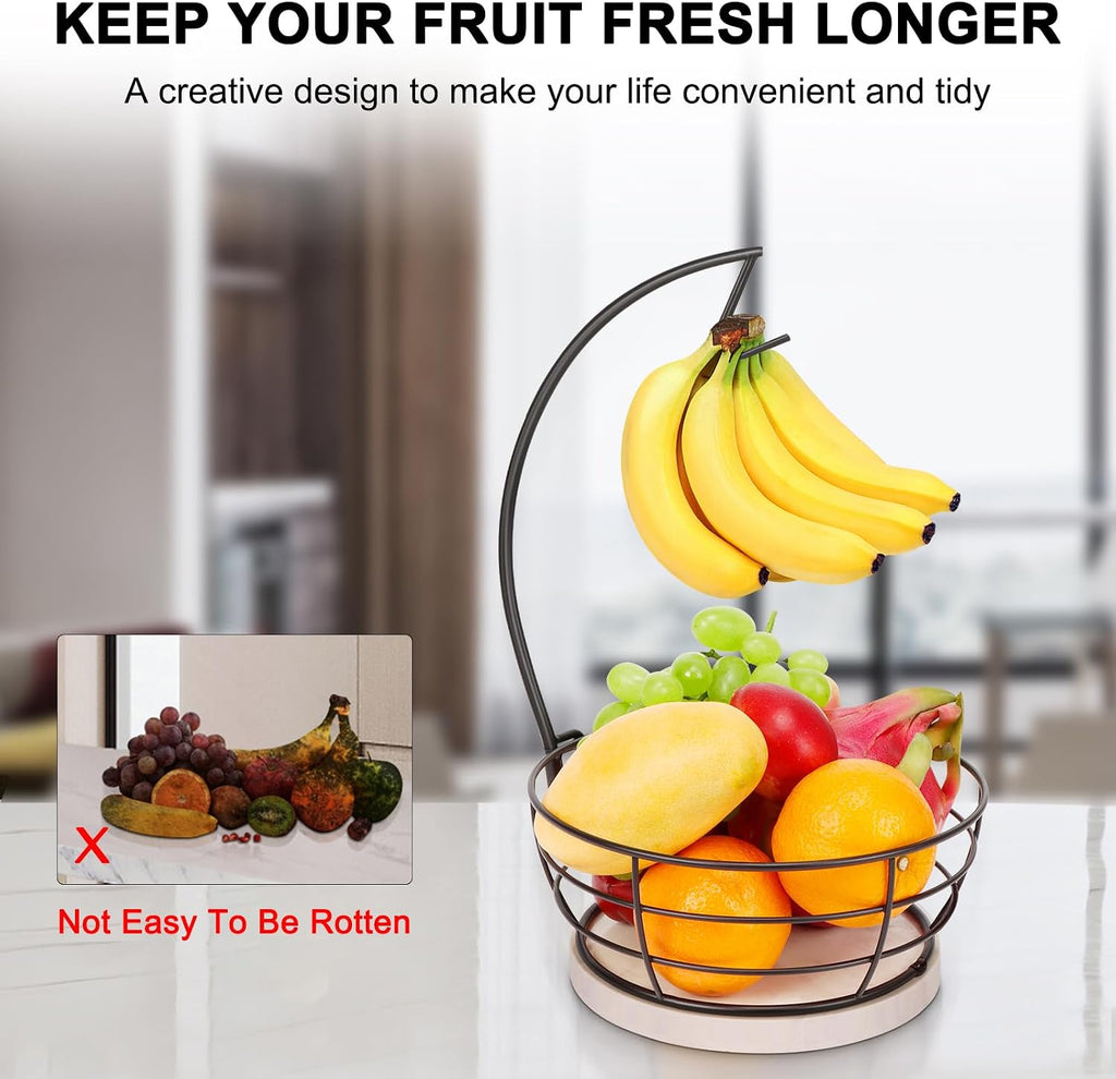Countertop Fruit Basket Bowl with Banana Hanger, Modern Standing Fruit Vegetable Bowl Storage, with Banana Tree Holder for Kitchen Dinning Table (Round Marble, Black)