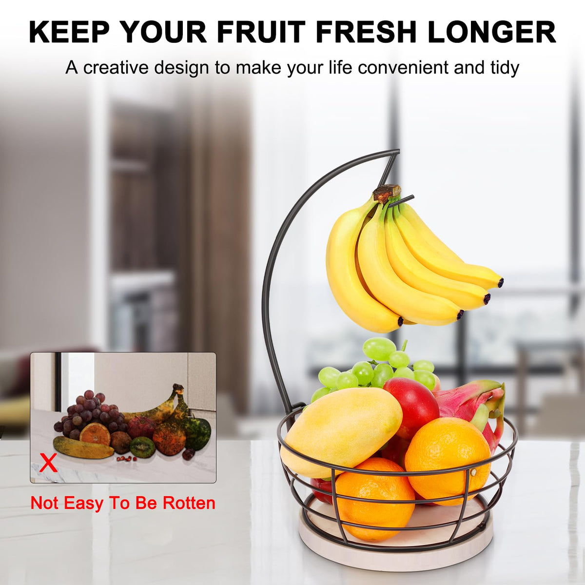 Countertop Fruit Basket Bowl with Banana Hanger, Modern Standing Fruit Vegetable Bowl Storage, with Banana Tree Holder for Kitchen Dinning Table (Round Marble, Black)