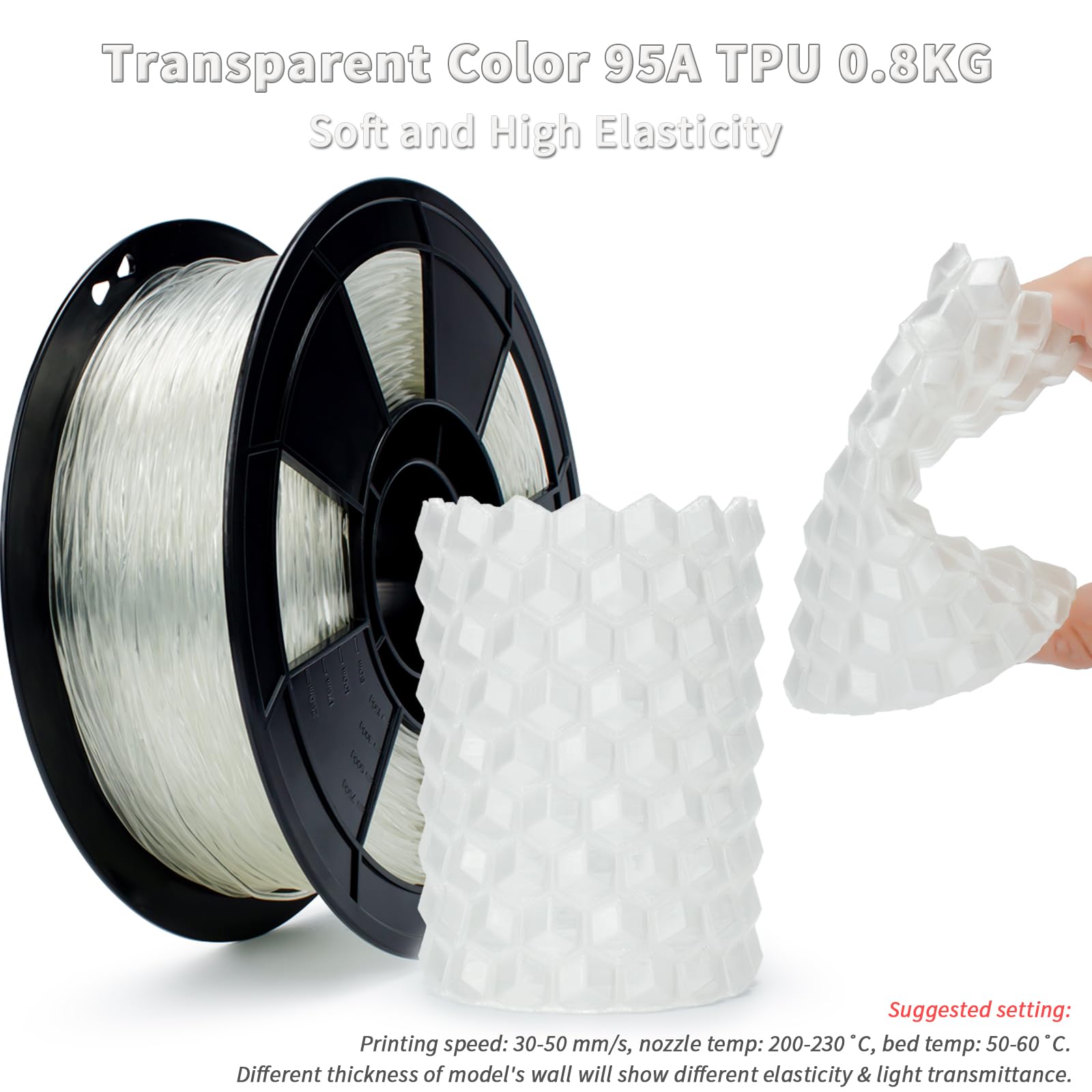 ZIRO TPU Filament 1.75mm 3D Printer Filament, Shore 95A Hardness TPU, Flexible Soft Material, 0.8KG/1.8lbs Spool, Fit Most FDM 3D Printers, Black