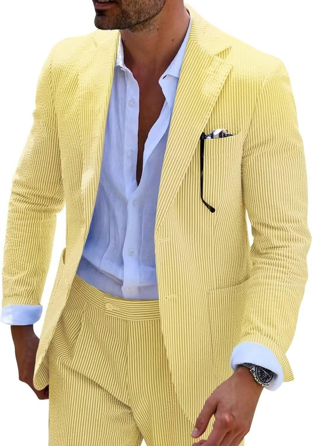 Wehilion Men's Seersucker Summer Suit Groom Wedding Seersucker Outfit Slim Fit Formal Suit Set for Men