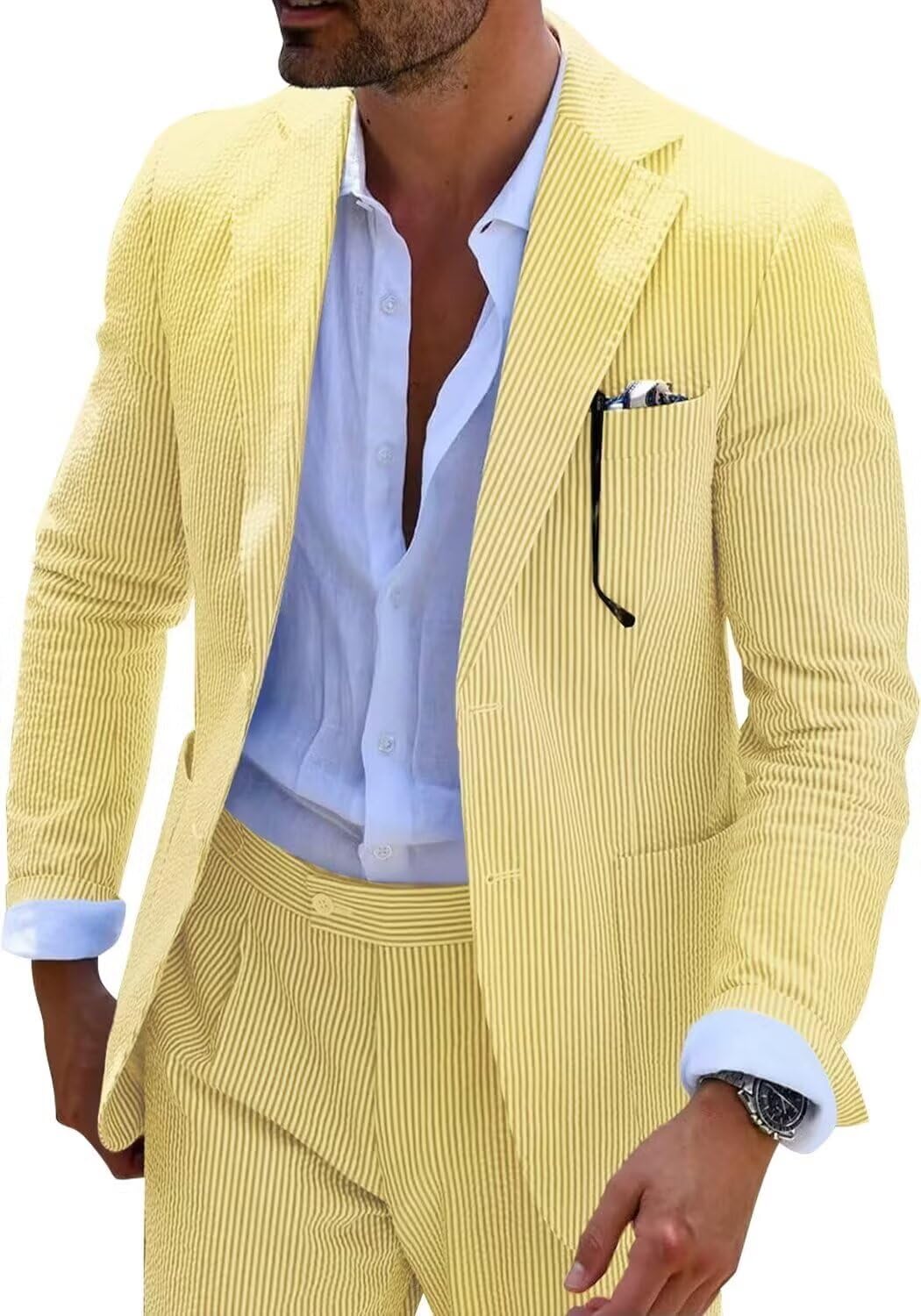 Wehilion Men's Seersucker Summer Suit Groom Wedding Seersucker Outfit Slim Fit Formal Suit Set for Men