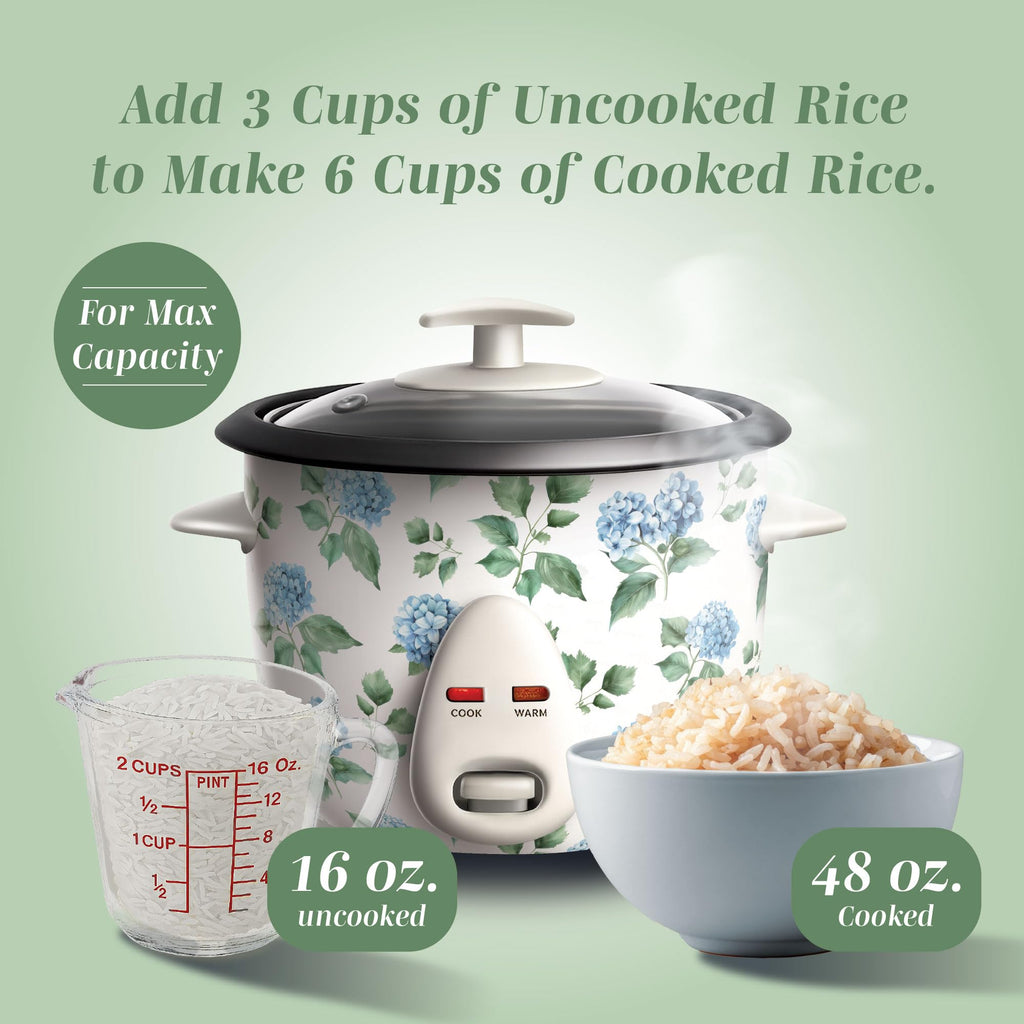 COOK WITH COLOR 6 Cup Rice Cooker 300W - Effortless Cooking and Perfectly, Cooks 3 Cups of Raw Rice for 6 Cups of Cooked Rice, Floral Blue
