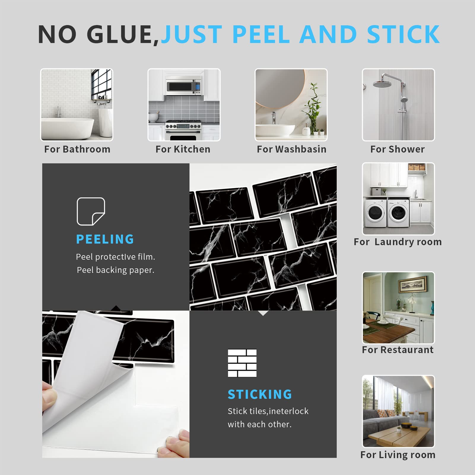 URCOLOR 10-Sheet Back Splashes for Kitchens Peel and Stick,12"x12" Self Adhesive Subway Wall Tiles Stick on backsplash Tiles for Bathroom Black Marble