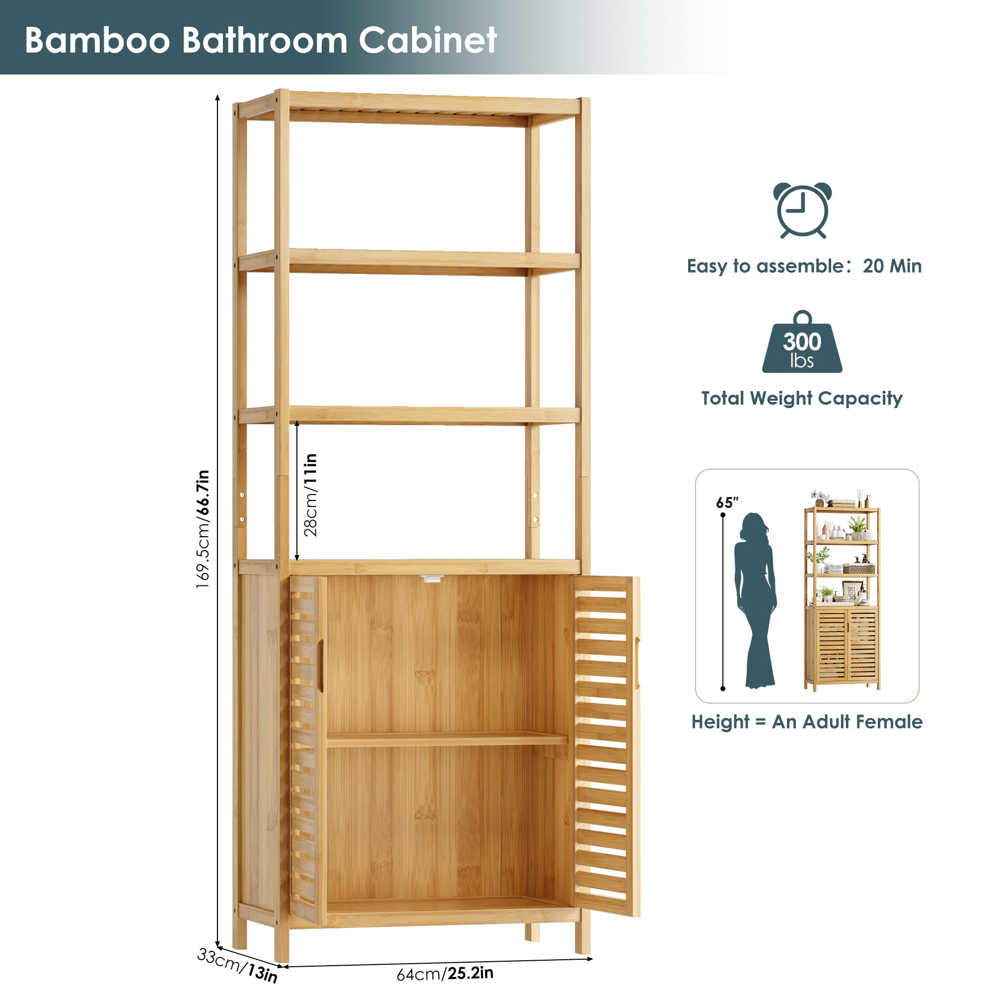 HIFIT Tall Bathroom Storage Cabinet, 66" Bamboo Narrow Bathroom Floor Cabinet with 2 Door & 4-Tier Open Shelves, Corner Tall Cabinets Freestanding Organizer Unit for Bath, Living Room, Entryway,Nature