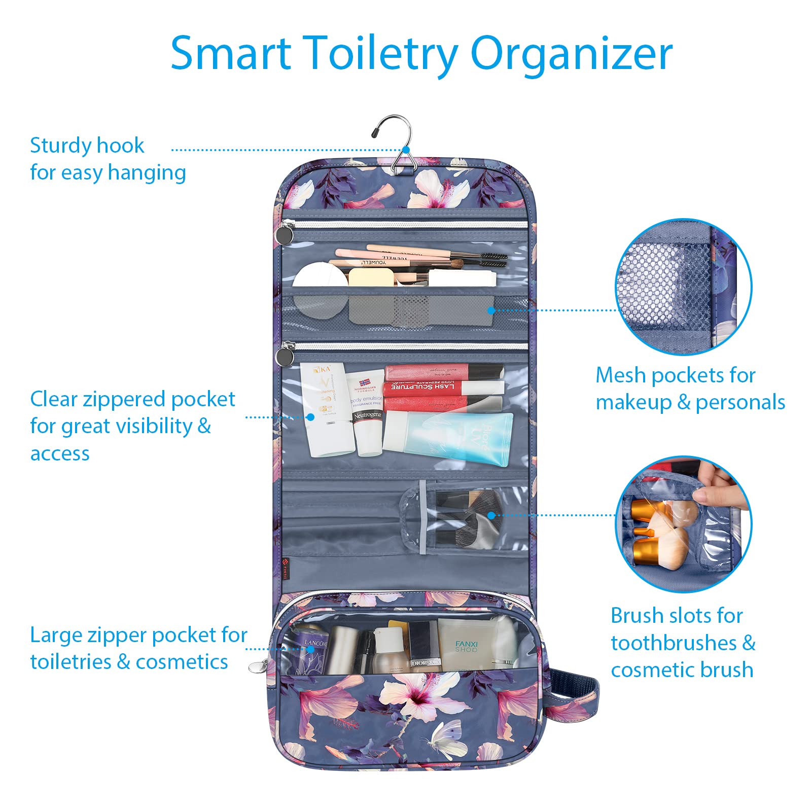 FINTIE Portable Toiletry Cosmetic Travel Bag, Large Water Resistant Hanging Makeup Organizer Storage Pouch Case for Women Girls (Blooming Hibiscus)