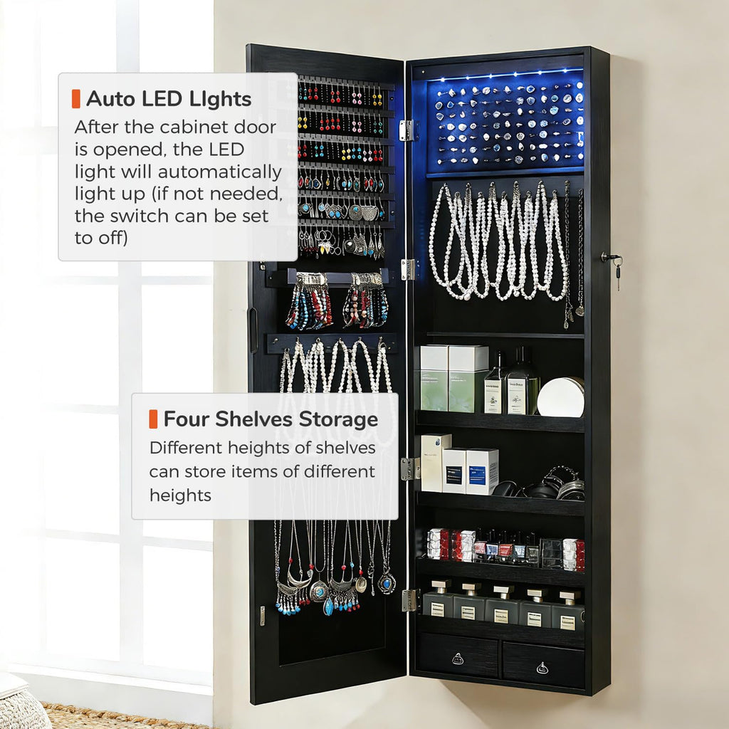 GISSAR Full Length Mirror Jewelry Cabinet, 6 LEDs Jewelry Armoire Wall Mounted Over The Door Hanging, Jewelry Organizer Storage with Lights Lockable, Black, 14.6" x 47.2"