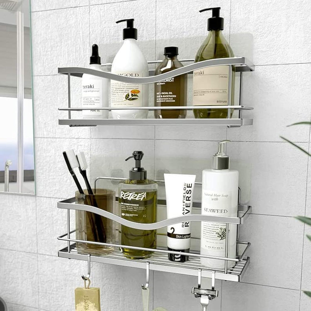 KINCMAX Premium Shower Caddy, Self Adhesive Shower Organizer w/ 4 Hooks, No Drill Shelves for Inside Shower, Rustproof Stainless Steel Shower Rack for Bathroom, Matte Black