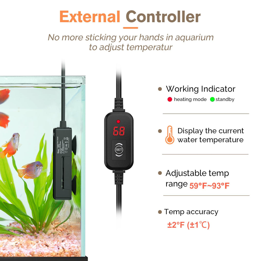 hygger Mini Fish Tank Submersible Heater 20W for 1-5 Gallons Desktop Betta Aquarium Heater with Digital Display Controller Adjustable Temperature