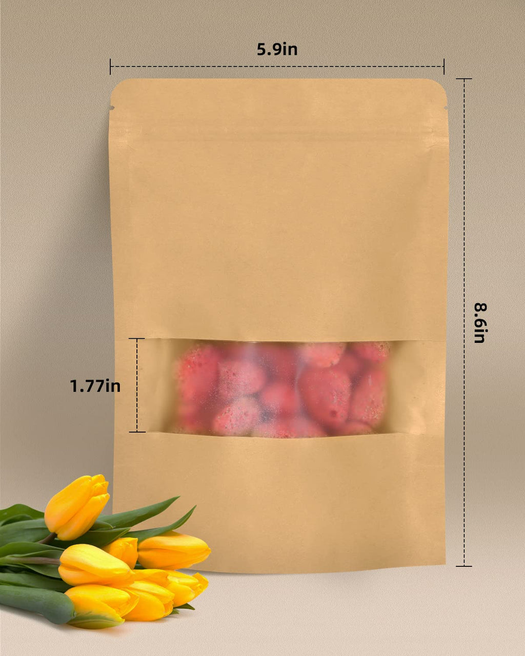 50pcs Kraft Bags with Window 3.5x5.5 Inches Brown Reusable Sealable Zip Lock Food Storage Stand up Paper Pouches for Home or Business