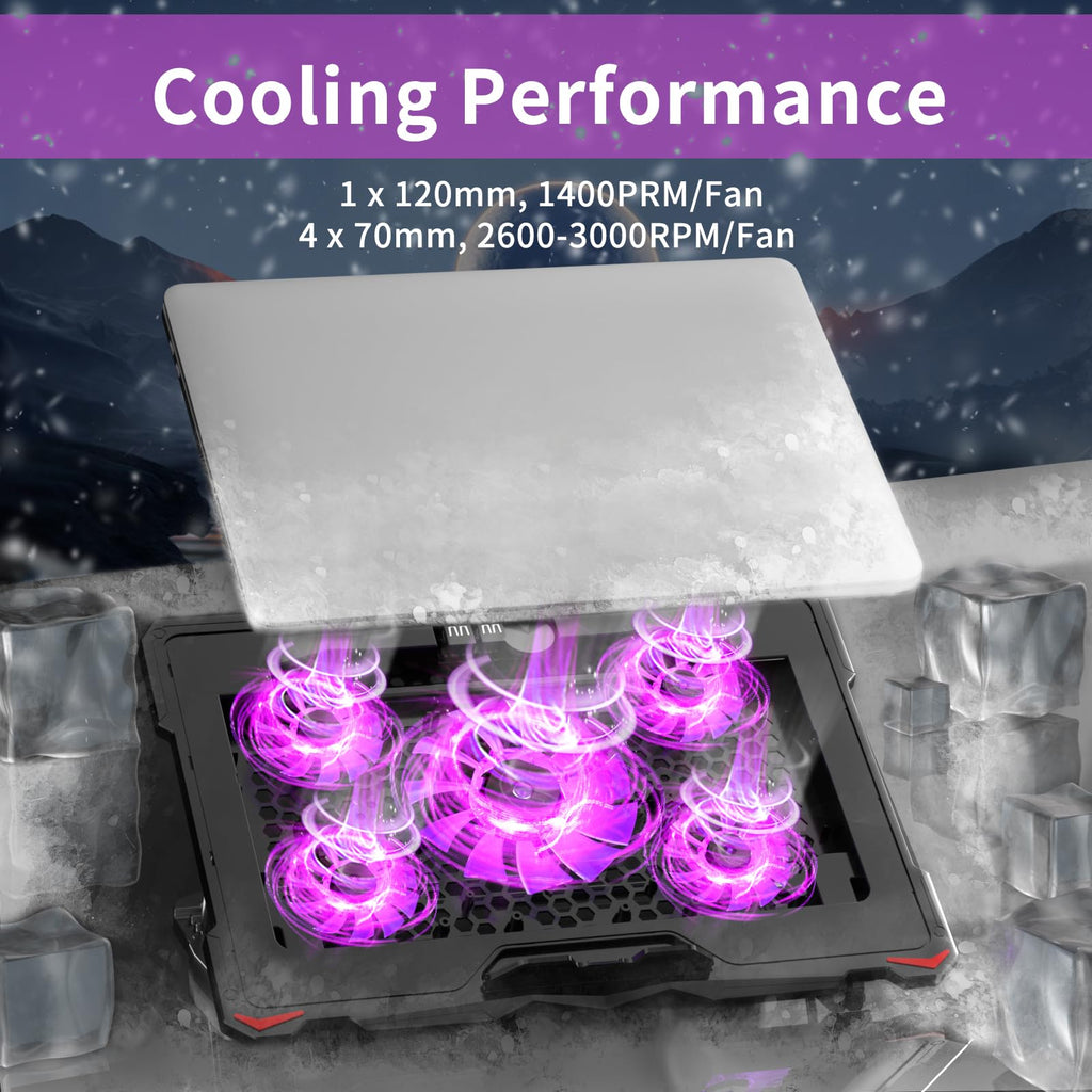 AICHESON Laptop Cooling Pad 5 Fans Up to 17.3 Inch Heavy Notebook Cooler, Blue LED Lights, 2 USB Ports, S035, Blue-5fans