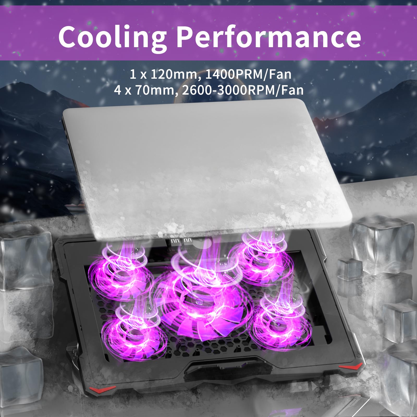 AICHESON Laptop Cooling Pad 5 Fans Up to 17.3 Inch Heavy Notebook Cooler, Blue LED Lights, 2 USB Ports, S035, Blue-5fans
