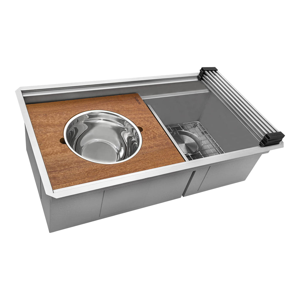 Ruvati 33-inch Workstation Kitchen Sink - Dual Tier Double Bowl Kitchen Sink - Low Divide Undermount Sinks - 16 Gauge Stainless Steel Kitchens Sinks - RVH8255
