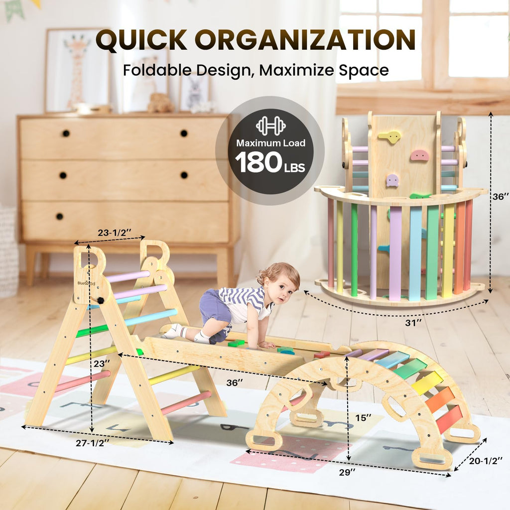 BlueWood Pikler Triangle Set with Safe Handle, Foldable 7-in-1 Montessori Toddler Climbing Toys Indoor, Wooden Pickler Climbing Set, Baby Jungle Gym & Playground, Climbing Toys for 1-3 Year, Colorful