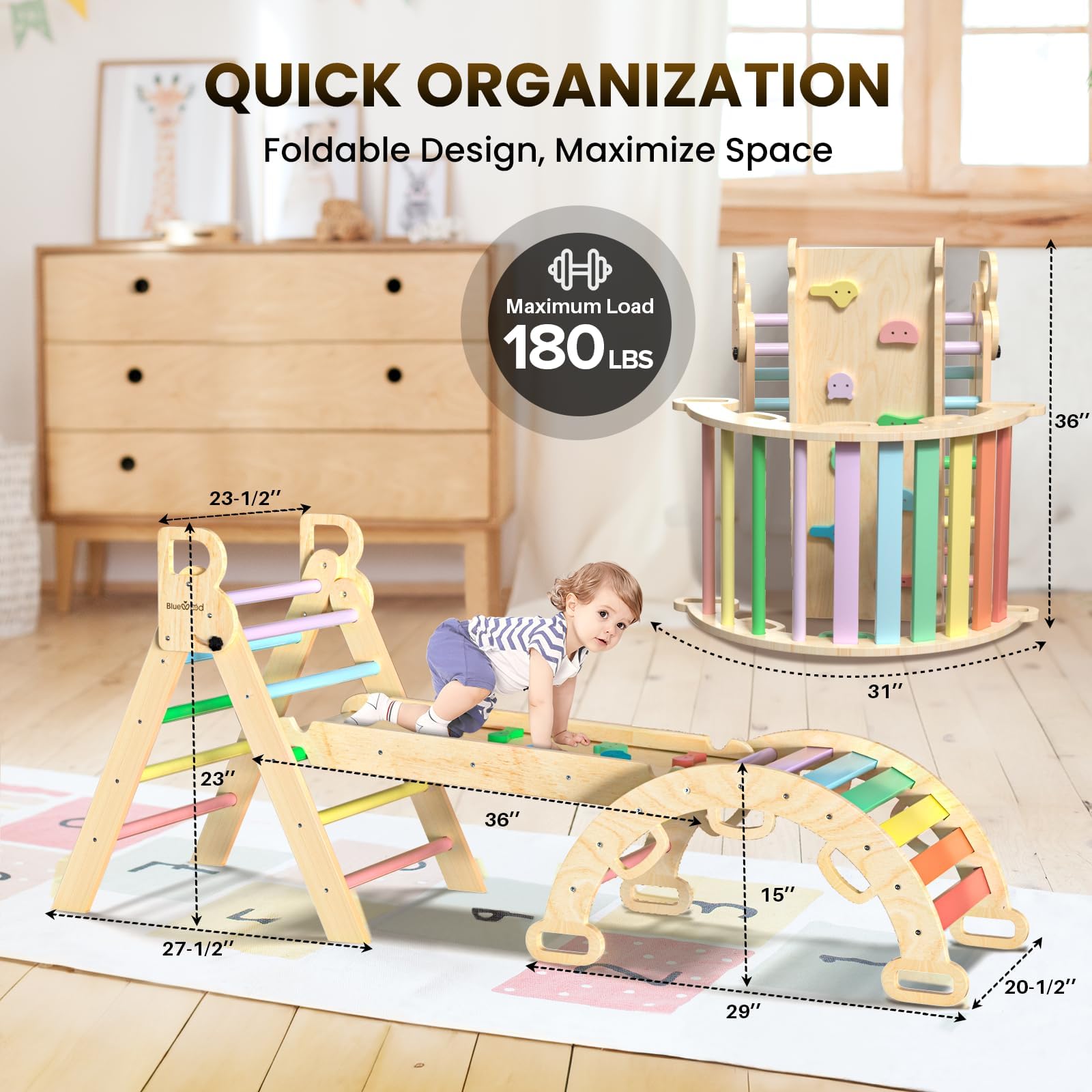 BlueWood Pikler Triangle Set with Safe Handle, Foldable 7-in-1 Montessori Toddler Climbing Toys Indoor, Wooden Pickler Climbing Set, Baby Jungle Gym & Playground, Climbing Toys for 1-3 Year, Colorful