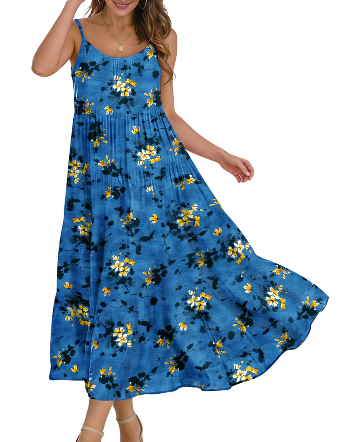 YESNO Summer Bohemian Floral Dresses for Women Spaghetti Straps Maxi Dress Casual Flowy Dresses with Pockets ES0