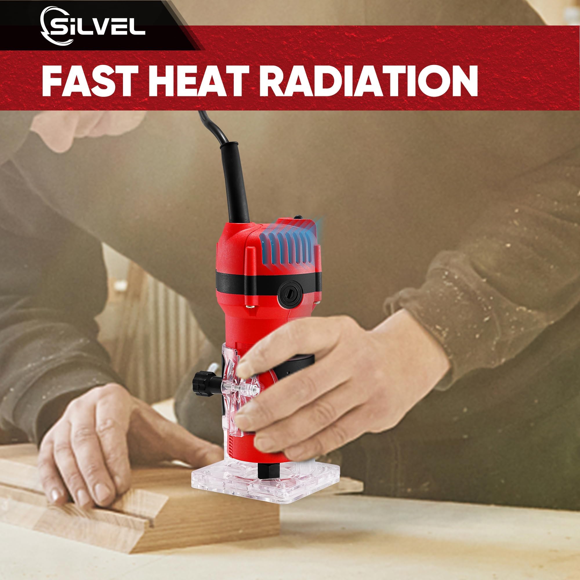 SILVEL Wood Router, 800W Wood Routers for Woodworking, 6.5Amp 1.25HP Hand Wood Router Tool, 30000R/MIN Compact Edge Trimmer with 15 1/4" Router Bit Set, Red