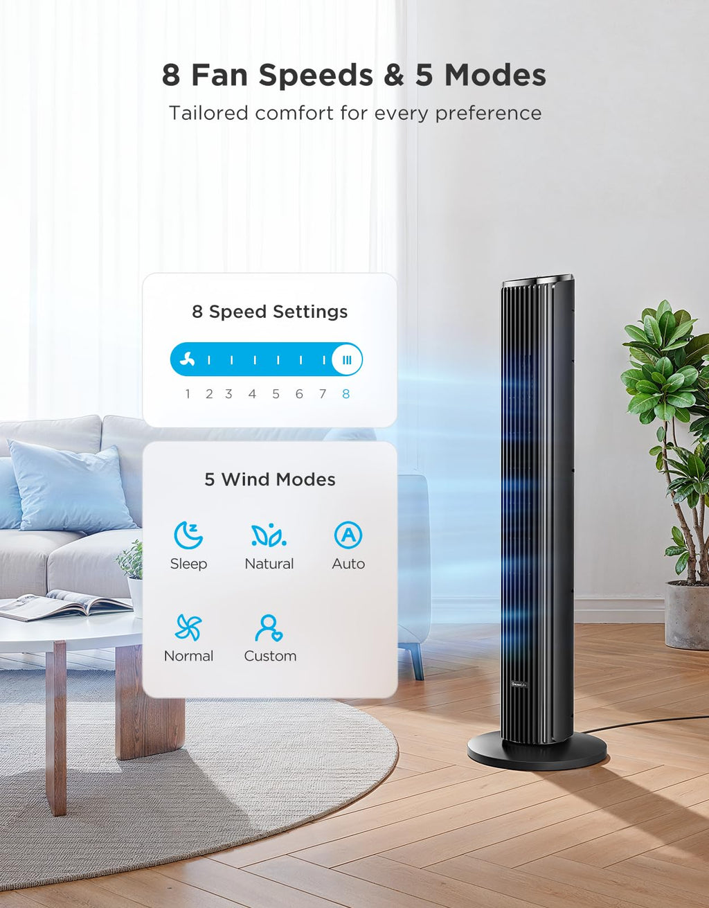GoveeLife White Tower Fan for Bedroom, 36" Smart Floor Fan with App/Voice Control, Temperature Sensor, 5 Modes 8 Speeds(25ft/s), 29dB Quiet Oscillating Fan for Office, 24H Timer, Auto Cooling
