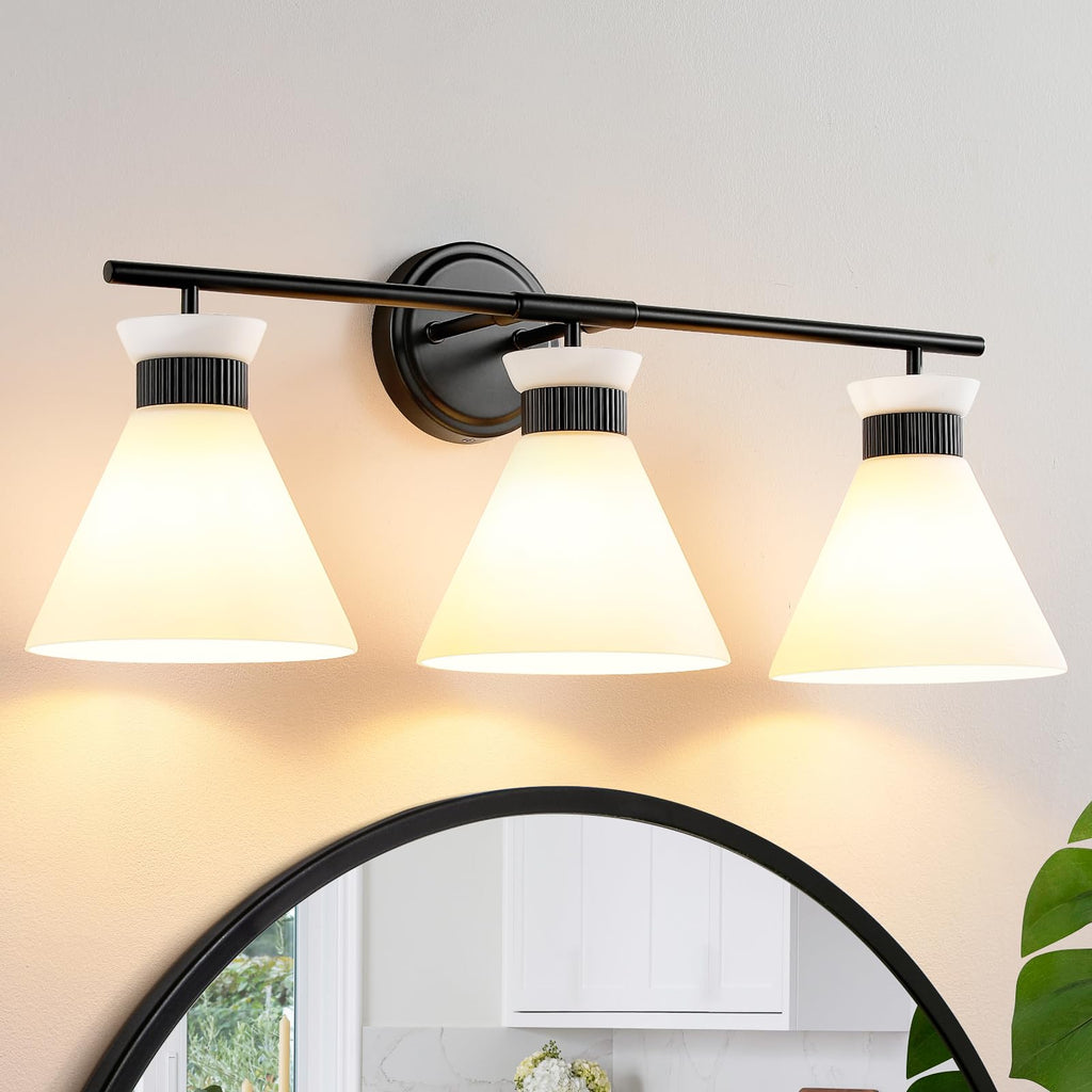 WOSHITU Gold Bathroom Light Fixtures: Modern Vanity Lighting Fixtures 2 Lights for Bathroom Mid Century Vanity Light Sconces Over Mirror with Frosted Milky Glass for Bath Bedroom Makeup