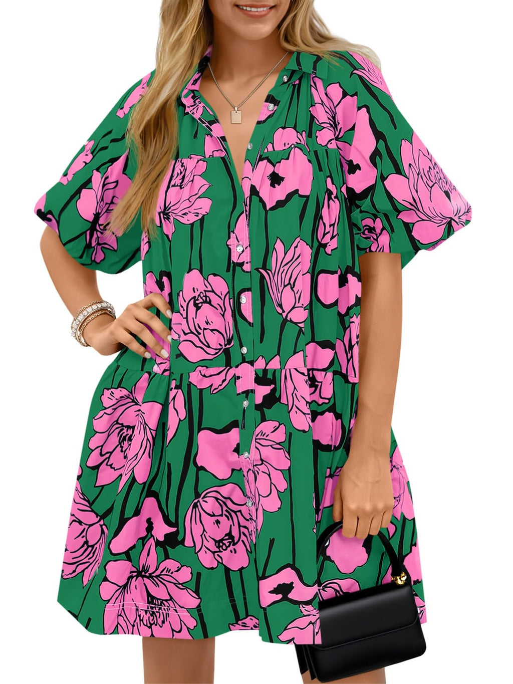 Wenrine Women's Summer Button Down Shirt Dress Floral Puff Short Sleeve Casual Loose Fit Beach Mini Dresses