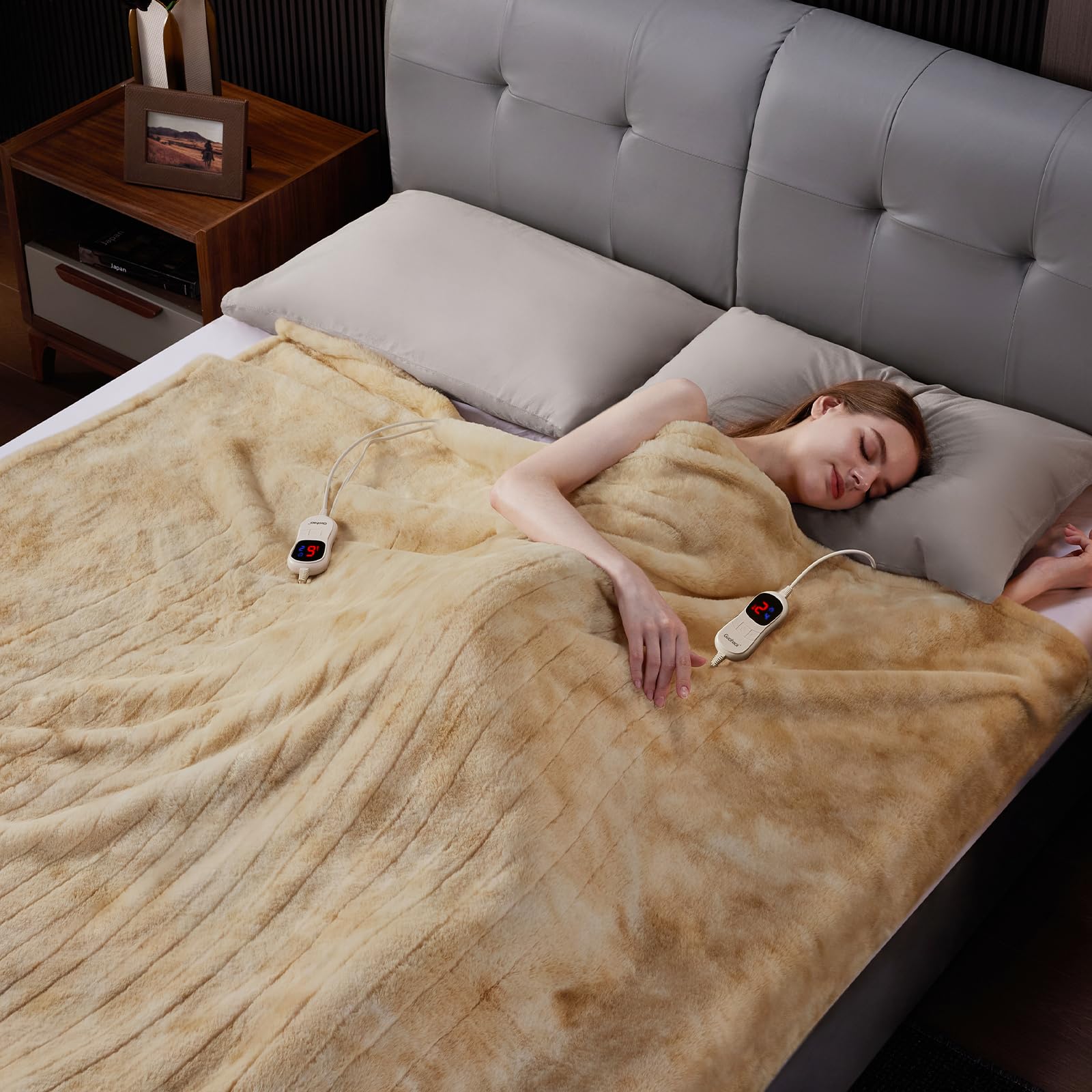 Guohaoi Heated Blanket Electric Throw, Soft Faux Rabbit Fur Electric Blanket with 10 Heating Levels 5 Sitting Timer Auto Off, Cozy Warm Heating Blankets, Machine Washable(50"×60" Beige)