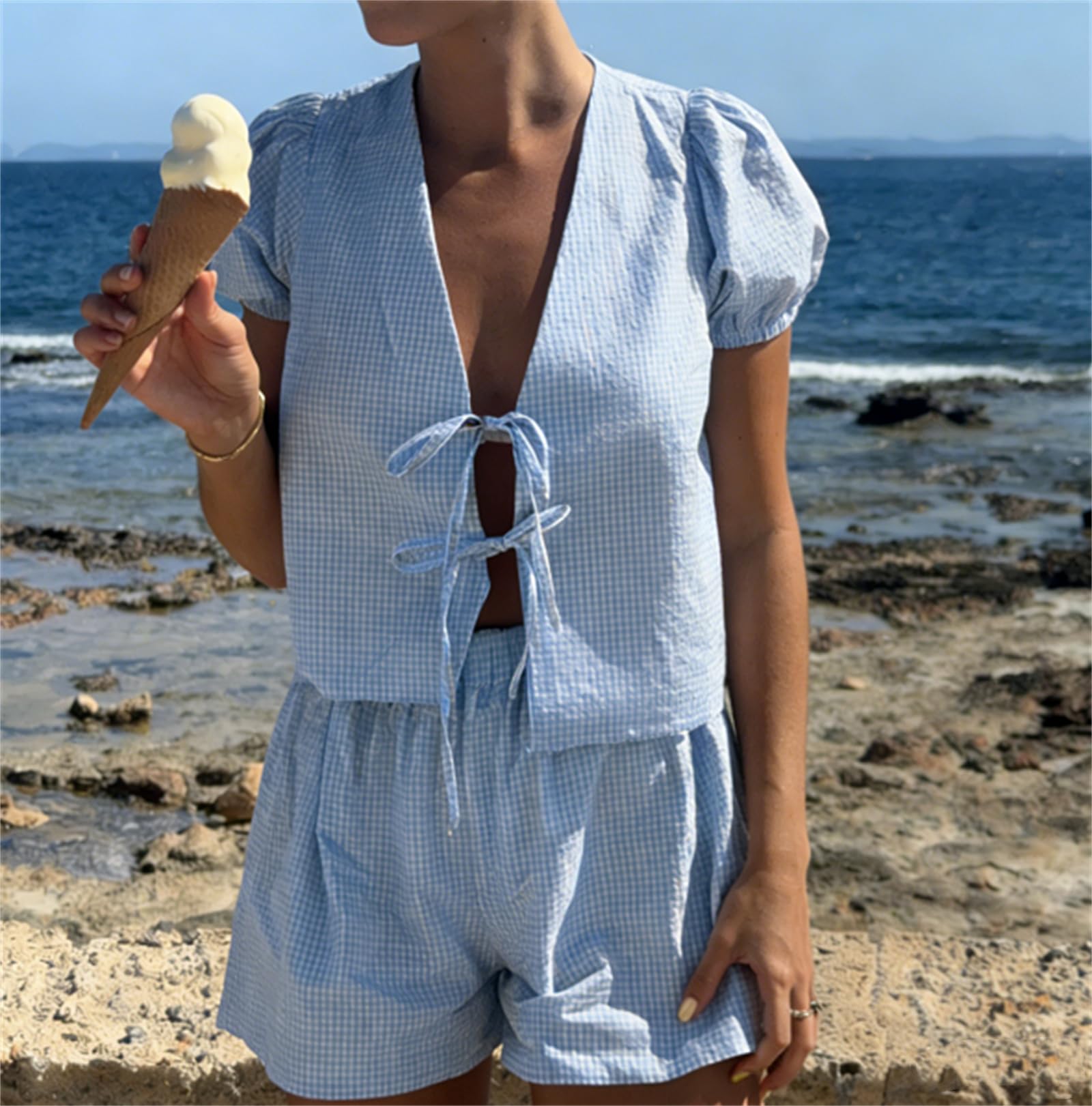Yuemengxuan Women Y2k Peplum Shirt Shorts Set Two Piece Lounge Set Pajamas Sets Puff Sleeve Tie Front Top 2pcs Pj Outfits