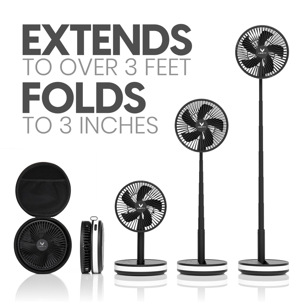 VENTY Portable Fan - Wireless Battery Operated Fan - 4 Speeds - LED Lighting - Carry Case & Remote Control - Cruise Travel - Outdoor Travel RV Power Bank With USB-C Port (Black with Case)