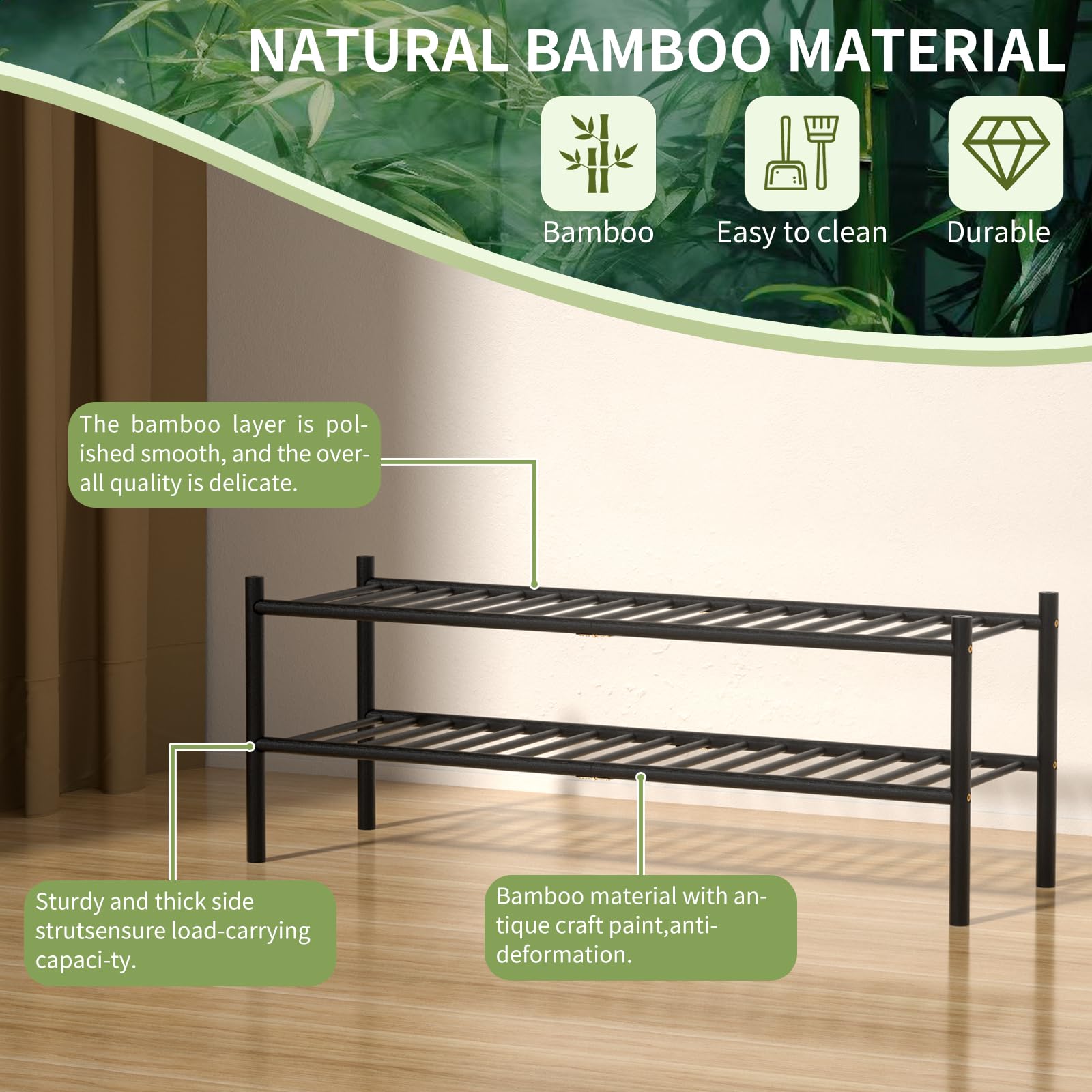 ROMGUAR CRAFT 2-Tier Bamboo Long Shoe Rack, Free Standing Wood Shoe Shelf Storage Organizer for Closet Entryway Stackable 35"x11"x13" (Black)