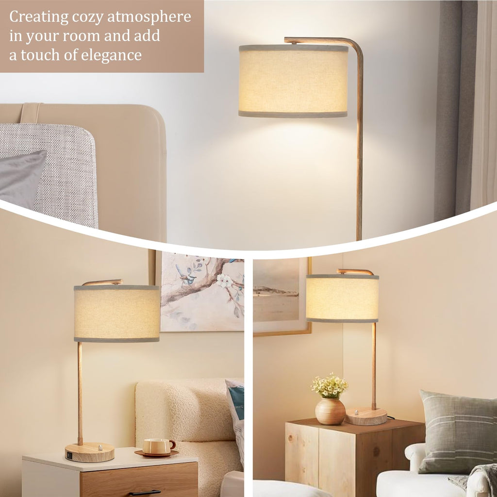 Table Lamps Set of 2, Fully Dimmable Bedside Lamp with USB C+A Charging Ports, Modern Nightstand Lamps with Linen Fabric Shades, Tall Desk Lamp for Bedroom, Living Room, Office, LED Bulb Included