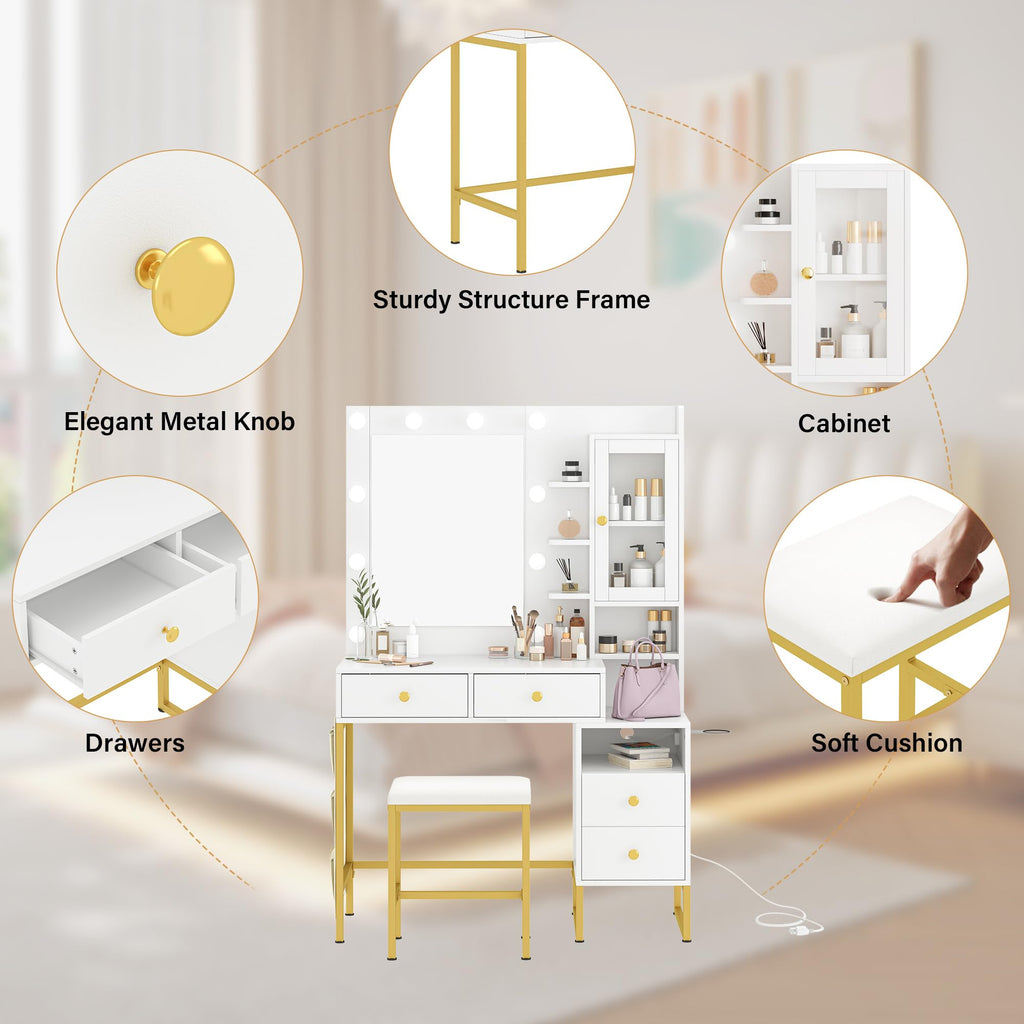 YIKEHOME Makeup Vanity Desk with Mirror and 10 Lights, 3-Colour Hollywood Brighter Bulbs, Vanity Table Set with Large Drawers and and Charging Station for Bedroom Dressing Room White