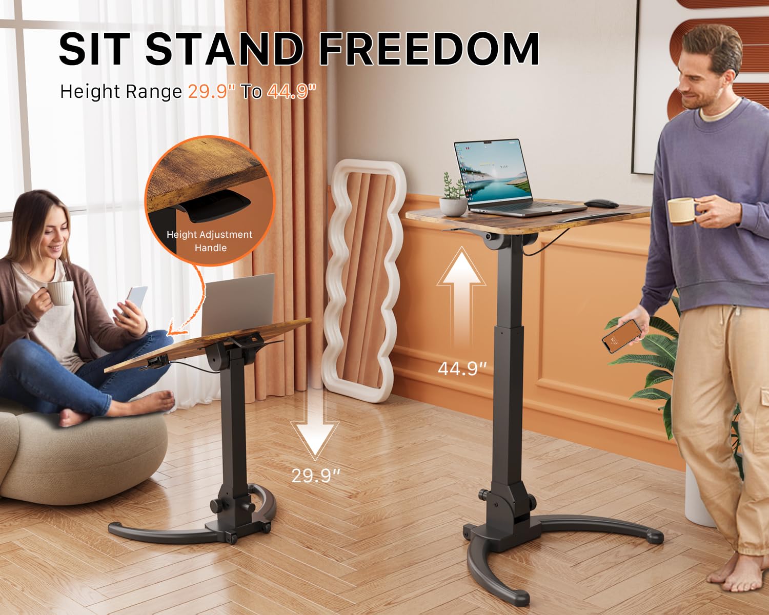 JOY worker Foldable Mobile Standing Desk, Height Adjustable Sit Stand Desk, 90° Tiltable Rolling Laptop Table, Portable Workstation with Non-Slip Mat for Home Office, Holds Up to 22lbs, Black