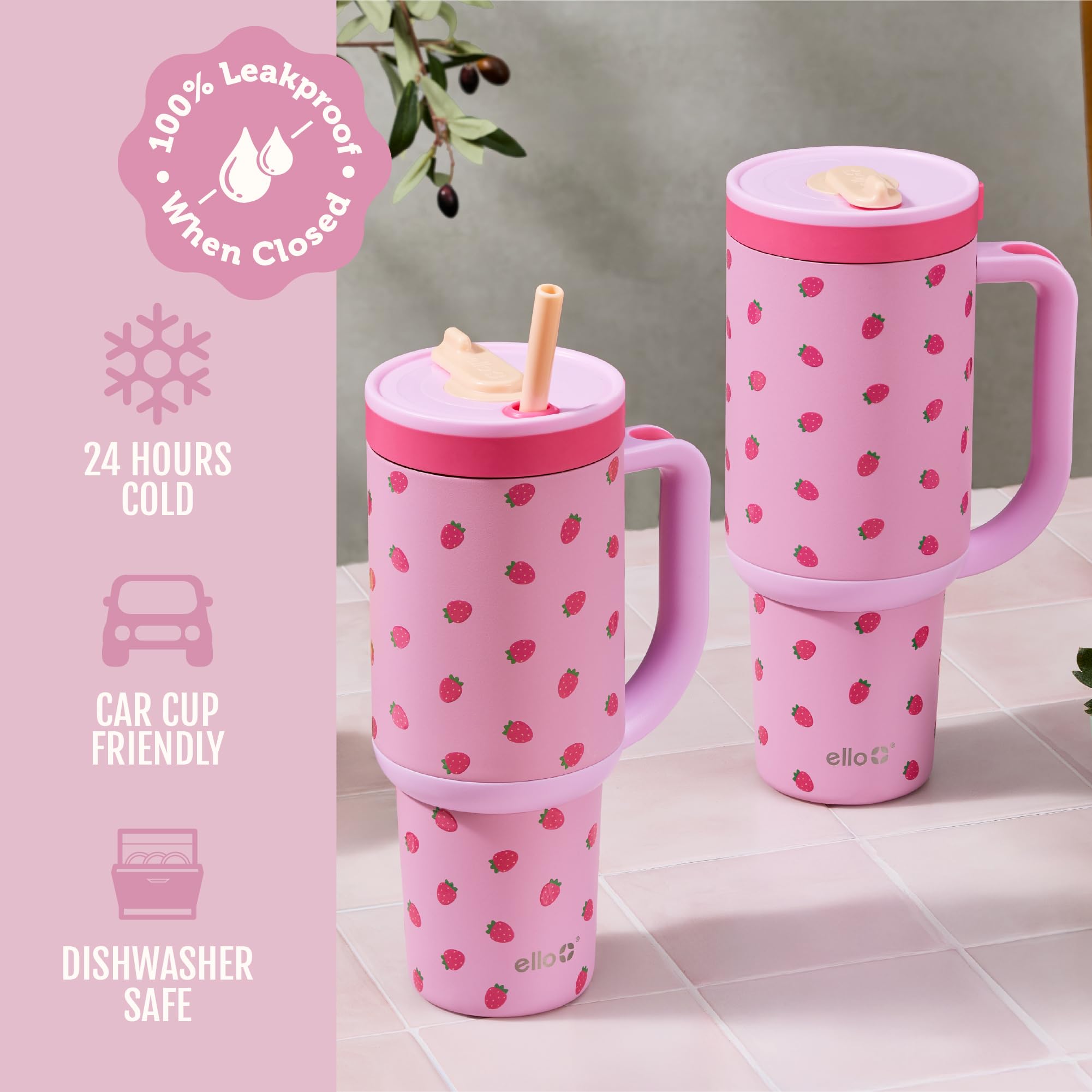 Ello Oasis 24 oz Tumbler with Handle & Retracting Straw | Reusable Insulated Stainless Steel Cup 100% Leakproof, Gifts for Teens Women Men | Keeps cold for 24 Hours, Cup Holder Friendly, Cream Tonal